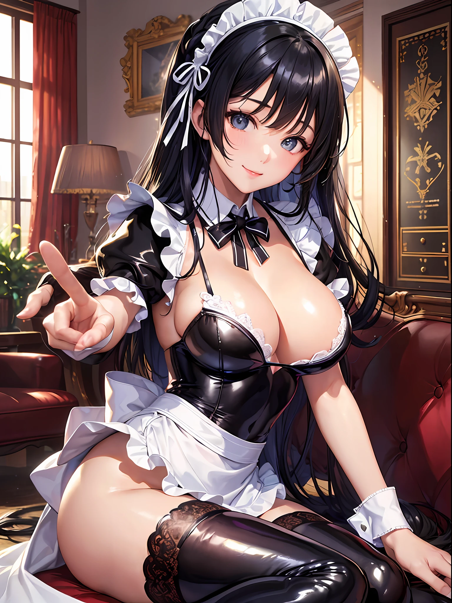 (top-quality: 1.3), (​masterpiece: 1.3), (Super Detail: 1.3), (wall-paper, one girls: 1.1)、(Detailed hands and fingers:1.2)、(Detailed ultra-oily shiny skin:1.1)、(maid costume:1.4)、White Brim、White High Socks、Black hair、Longhaire、Straight hair、Beautiful sister、(ssmile:1.3)、(a house:1.2)、livingroom、(Beautiful Large Breasts:1.3) 、sexypose、Dancing