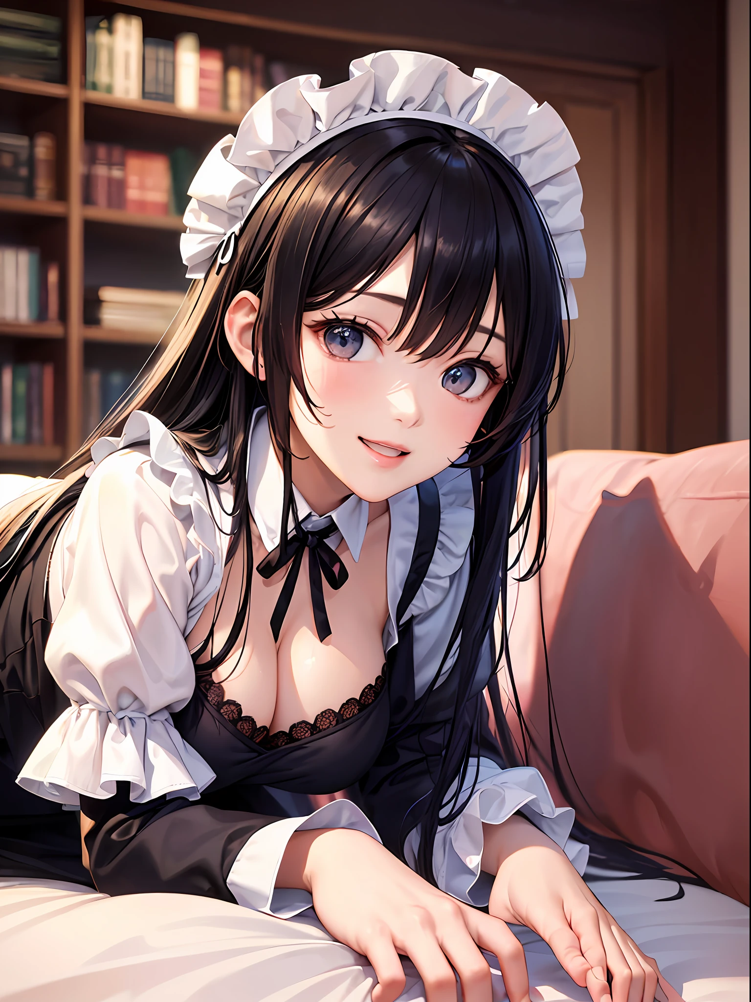 (top-quality: 1.3), (​masterpiece: 1.3), (Super Detail: 1.3), (wall-paper, one girls: 1.1)、(Detailed hands and fingers:1.2)、(Detailed ultra-oily shiny skin:1.1)、(Maid costume:1.1)、White Brim、White High Socks、Black hair、Longhaire、Straight hair、Beautiful sister、(ssmile:1.3)、(a house:1.2)、livingroom、(Beautiful Large Breasts:1.3) 、sexypose、Crawling on all fours on a plush sofa