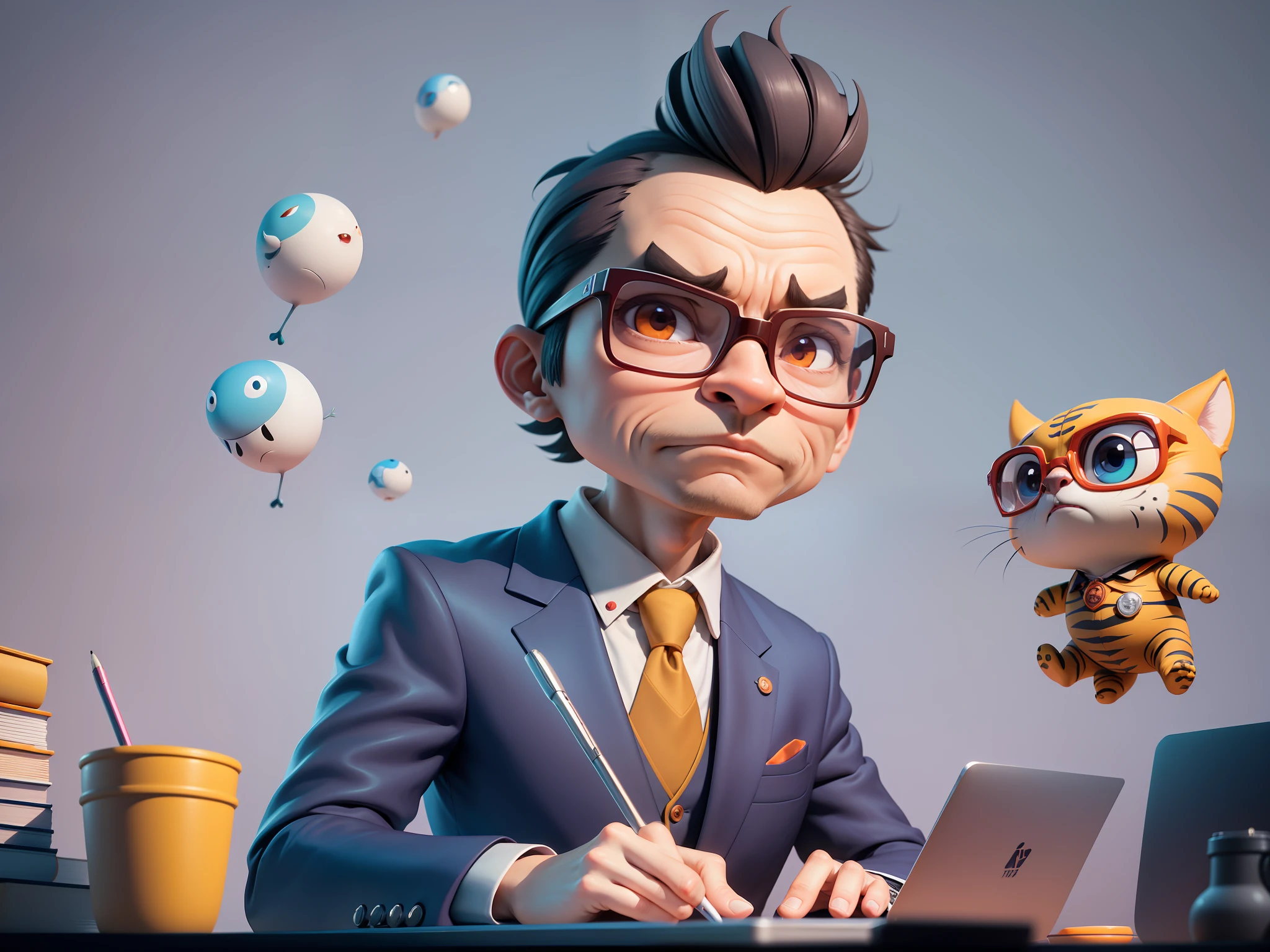 A young man in a suit, Short hair and glasses sat at his desk,holding laptop,digitial painting,tigre,3D character design by Mark Clairen and Pixar and Hayao Miyazaki and Akira Toriyama,4K HD illustration,Very detailed facial features and cartoon-style visuals。