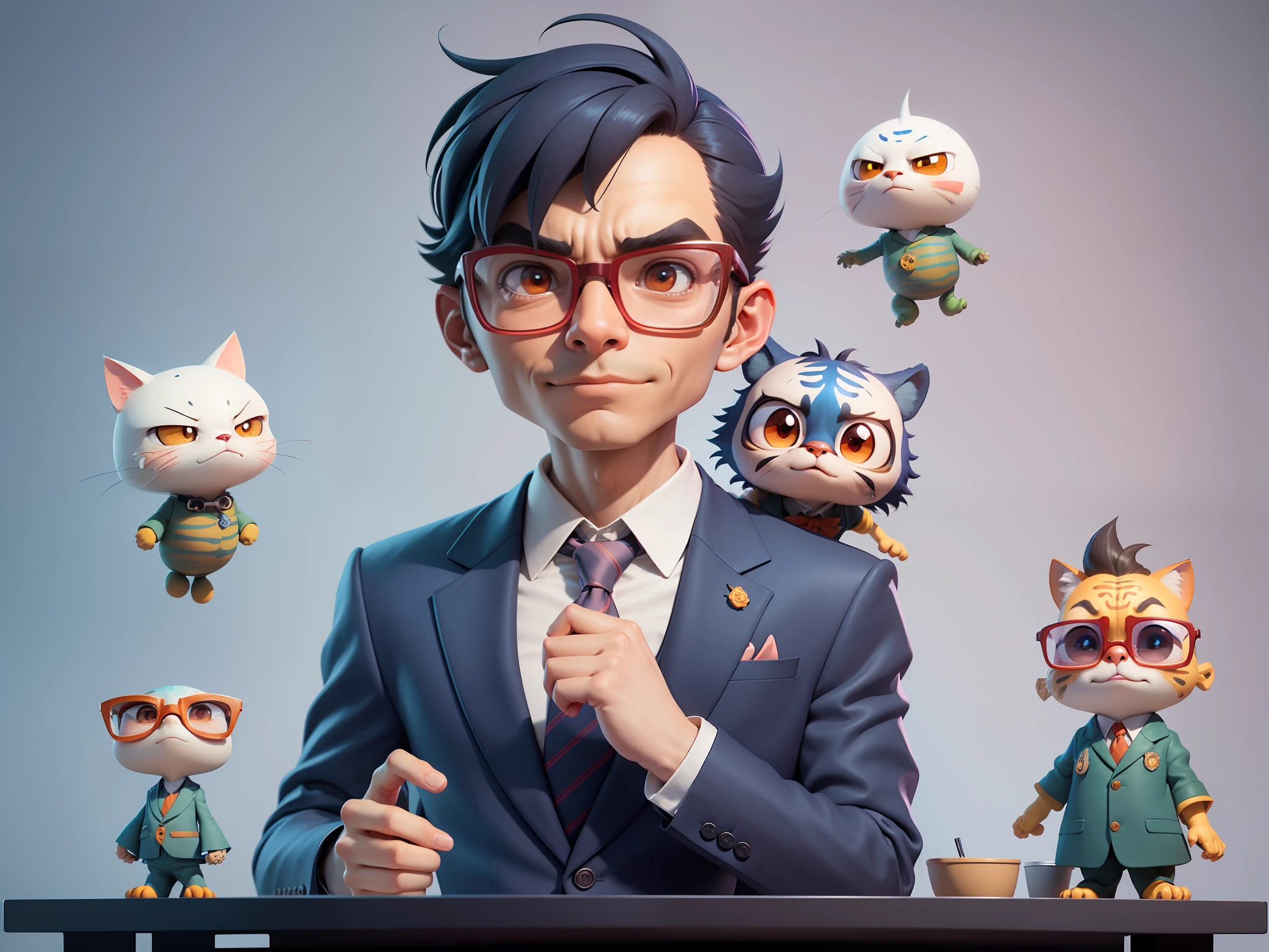 A young man in a suit, Short hair and glasses sat at his desk，holding laptop，digitial painting，tigre，3D character design by Mark Clairen and Pixar and Hayao Miyazaki and Akira Toriyama，4K HD illustration，Very detailed facial features and cartoon-style visuals。