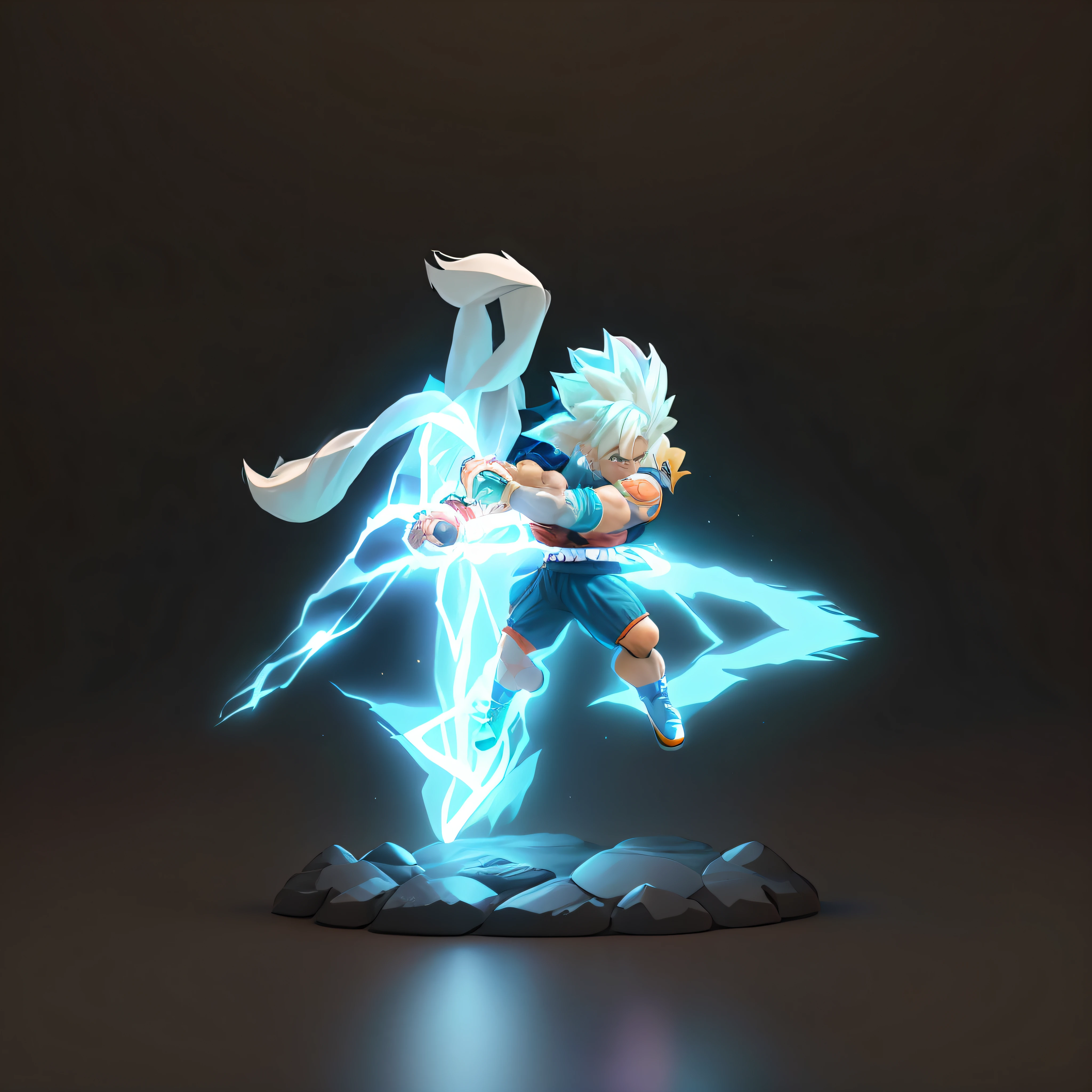 Goku, super saiyan, exquisite hair, arm depiction, white and blue hair body, exquisite shoes, eye depiction, exquisite hair, popmart blind box, clay texture, stepping on the land, black and white background, natural lighting, most good quality, super detail, 3D art, c4d, OC renderer, 3D rendering, 8k