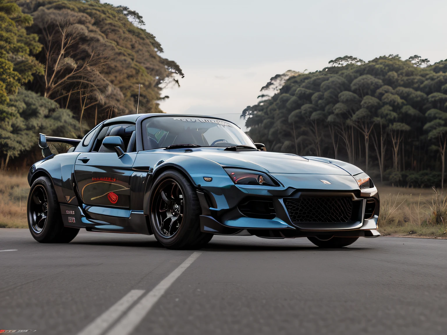 uma vista frontal de cima dos ((futurista cyberpunk Honda S2000 )) (com pneus brilhantes), no meio da estrada em uma floresta,