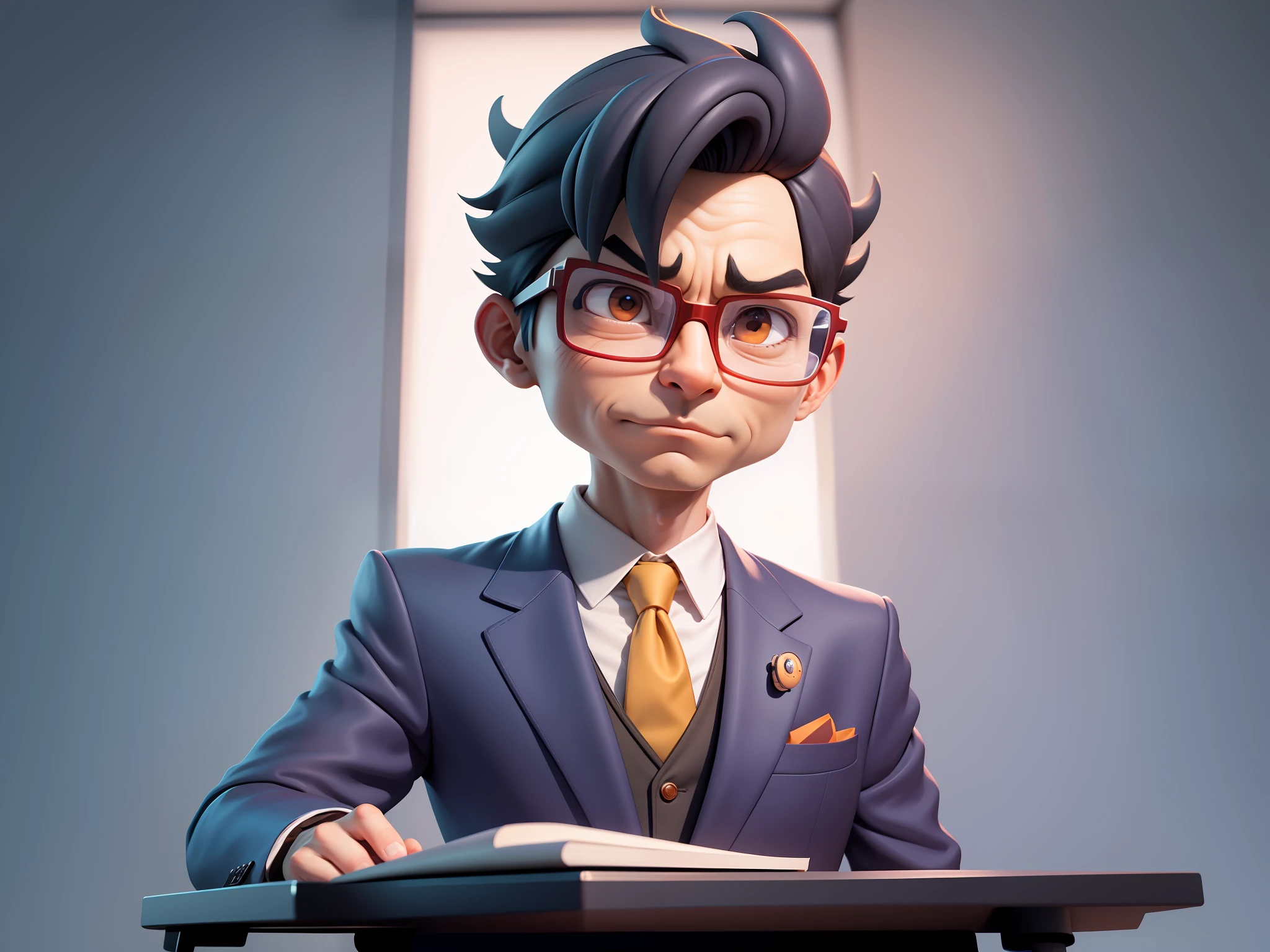A young man in a suit, Short hair and glasses sat at his desk，holding laptop，digitial painting，tigre，3D character design by Mark Clairen and Pixar and Hayao Miyazaki and Akira Toriyama，4K HD illustration，Very detailed facial features and cartoon-style visuals。