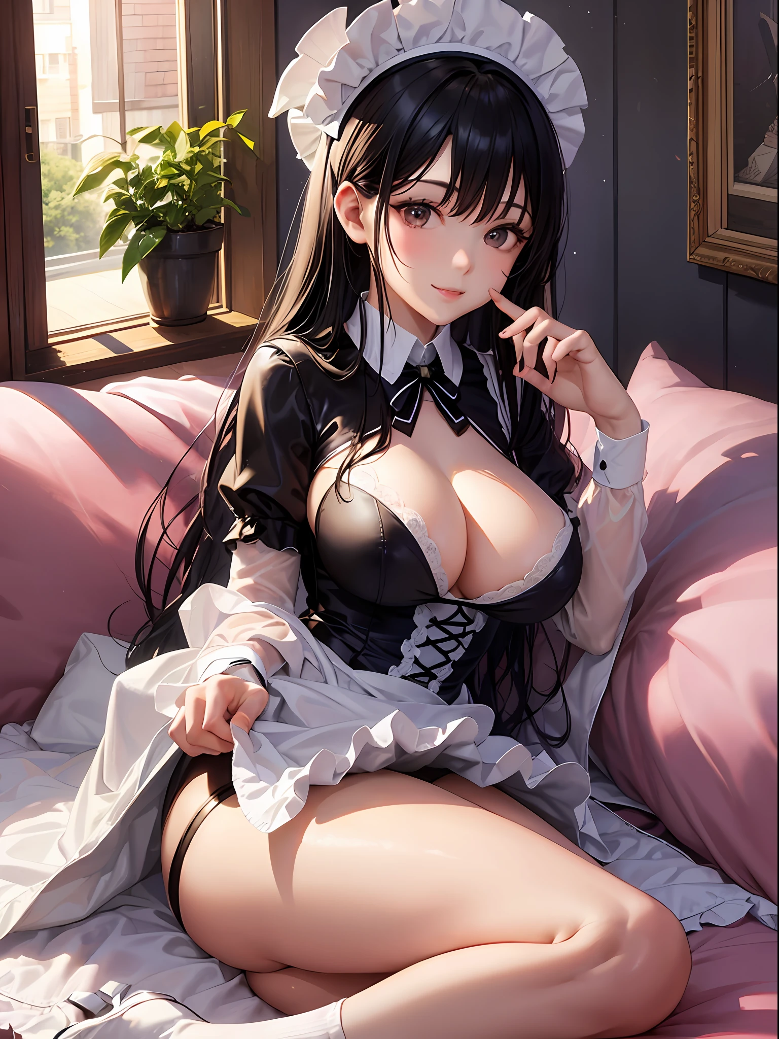 (top-quality: 1.3), (masterpiece: 1.3), (Super Detail: 1.3), (wall-paper, one girls: 1.1)、(Detailed hands and fingers:1.2)、(Detailed ultra-oily shiny skin:1.1)、(Maid costume:1.1)、White Brim、White High Socks、Black hair、Longhaire、Straight hair、Beautiful sister、(ssmile:1.3)、(a house:1.2)、livingroom、(Beautiful Large Breasts:1.3) 、sexypose、Lying on a plush sofa
