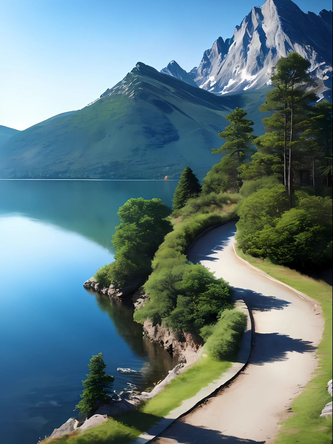 a beautiful mountain with lake, (masterpiece), (portrait), (raw photo), (extremely detailed CG unity 8k wallpaper) Intricate, Sharp focus, dramatic, photorealistic  art