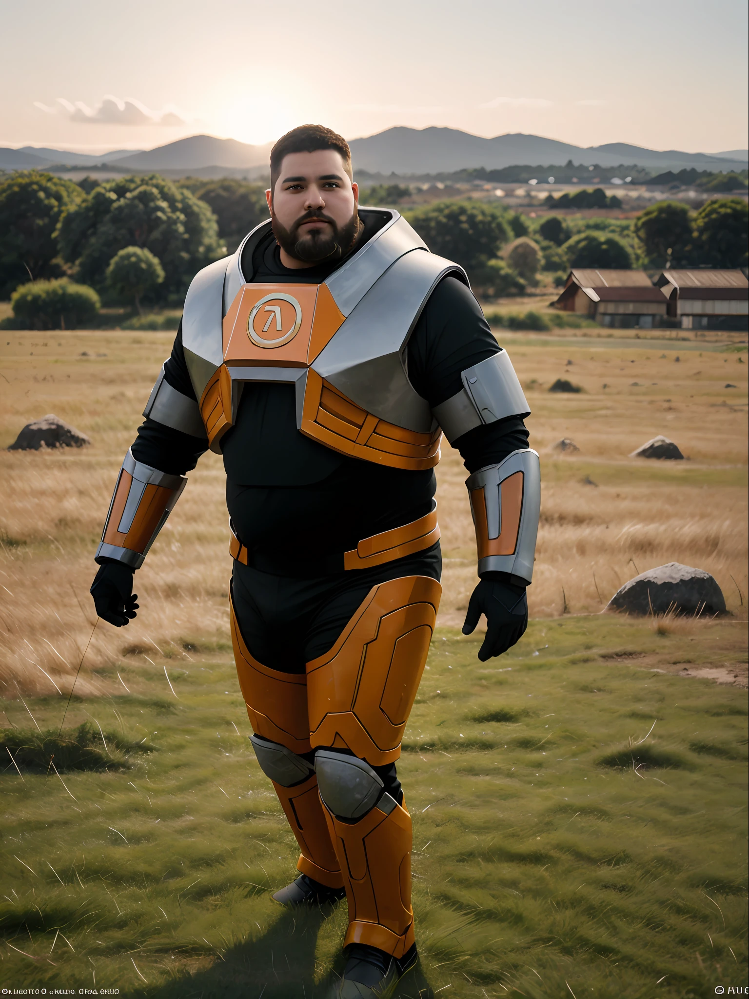 A strong chubby man with a long beard wearing Hevsuit Mk5 standing on a grass field, pele realista, Tarde, armadura realista, materiais brilhantes, dramatic lighting, ultra realistic, armadura de fibra de carbono, Armadura Shine, papel de parede, intrincado, foco nítido, ray tracing, RTX, profissionalmente colorido, fotografia profissional, master part, ultra detalhado, alta qualidade, best quality, 4k, 8k, .RAW