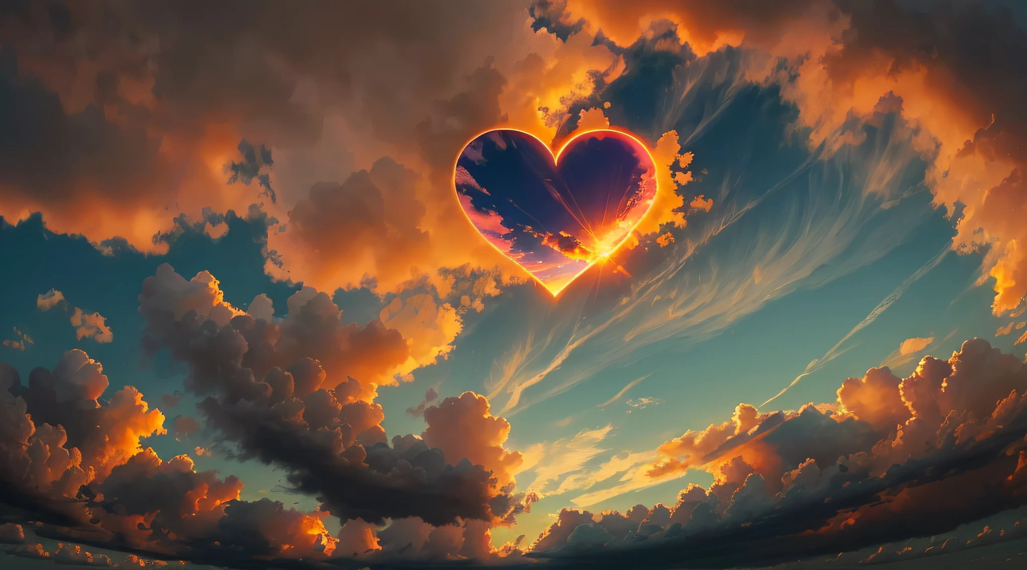 The color of the sunset heart-shaped clouds, High detail, Chiaroscuro, first person perspective, From below, Wide shot, in a panoramic view, hyper HD, Masterpiece, ccurate, High details, High quality, Best quality, 8K