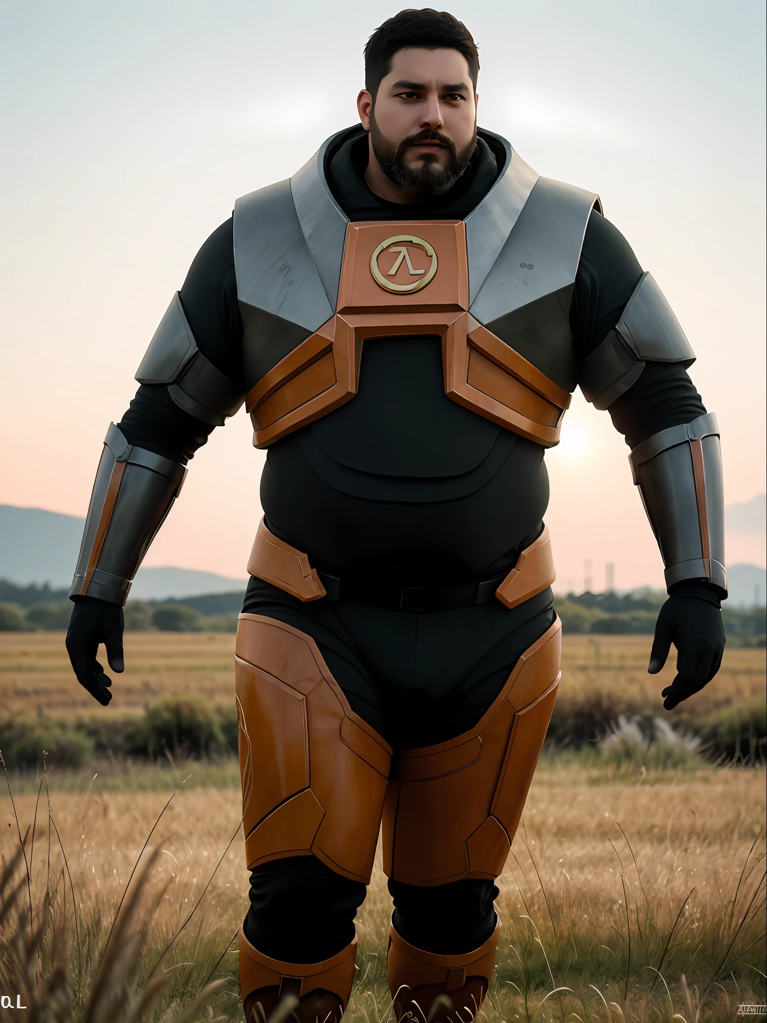 A strong chubby man with a long beard wearing Hevsuit Mk5 standing on a grass field, pele realista, Tarde, armadura realista, materiais brilhantes, dramatic lighting, ultra realistic, armadura de fibra de carbono, Armadura Shine, papel de parede, intrincado, foco nítido, ray tracing, RTX, profissionalmente colorido, fotografia profissional, master part, ultra detalhado, alta qualidade, best quality, 4k, 8k, .RAW