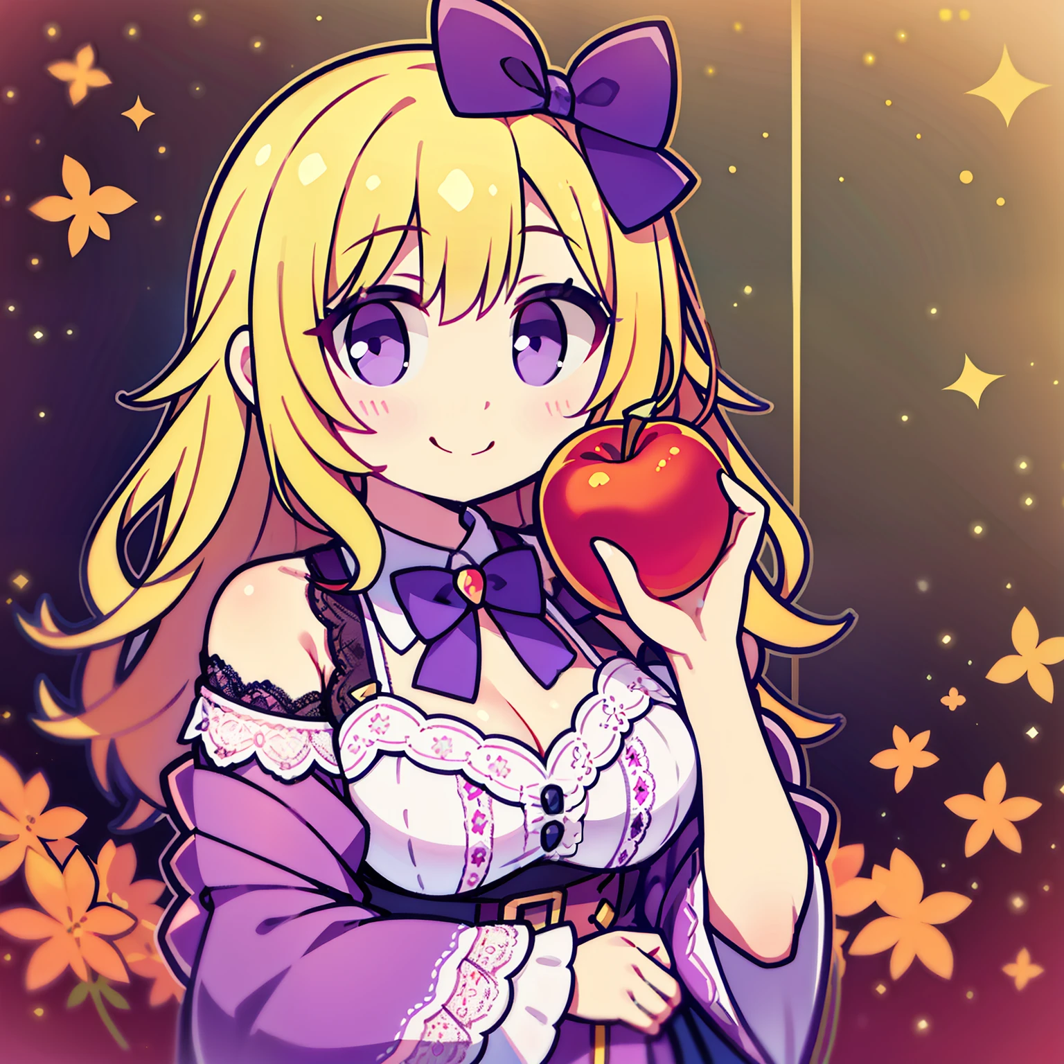 Purple eyes, cute bow beside the cheek, delighted smile, lace trims on shoulders,holding apple, smiling happily,Yellow hair
