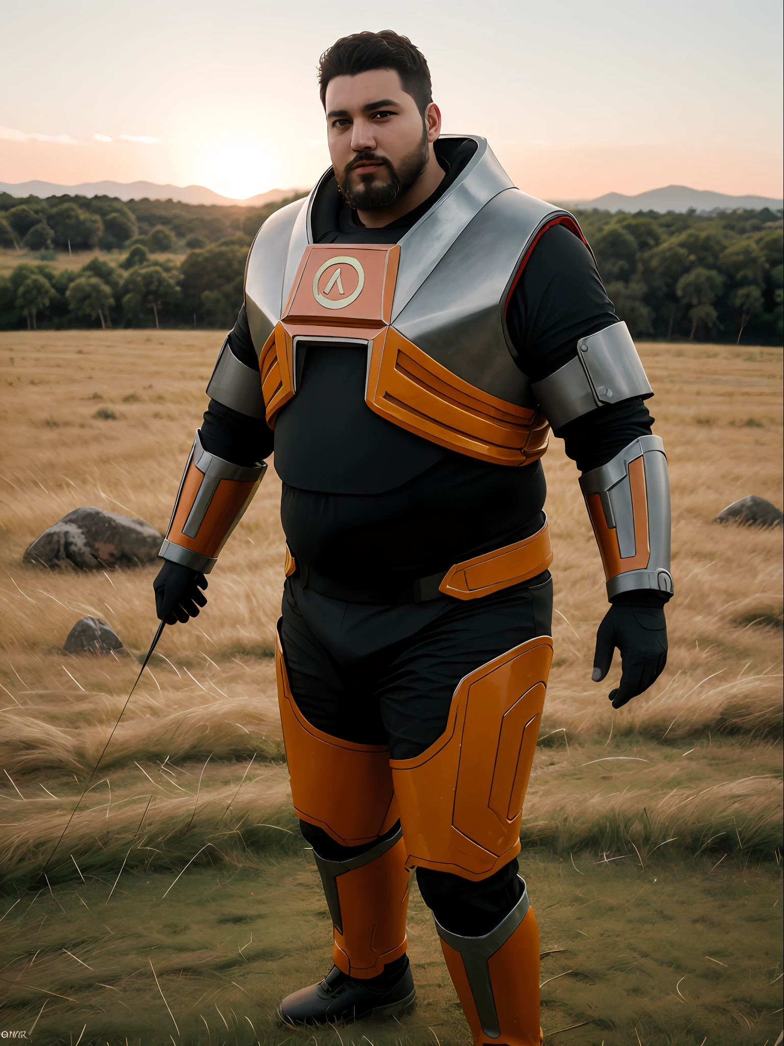 A strong chubby man with a long beard wearing Hevsuit Mk5 standing on a grass field, pele realista, Tarde, armadura realista, materiais brilhantes, dramatic lighting, ultra realistic, armadura de fibra de carbono, Armadura Shine, papel de parede, intrincado, foco nítido, ray tracing, RTX, profissionalmente colorido, fotografia profissional, master part, ultra detalhado, alta qualidade, best quality, 4k, 8k, .RAW