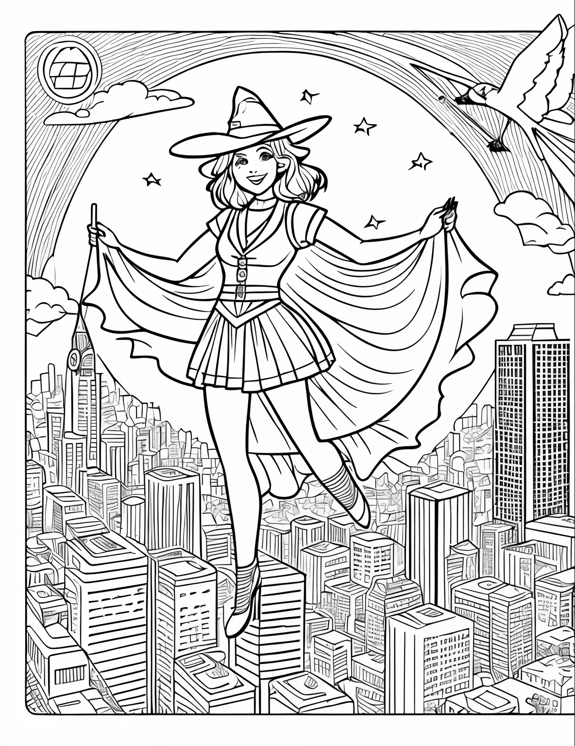 A coloring page of a witch flying on a broom over a city, line art colouring page, linear limpo, sky witch, tinta extremamente fina lineart, linha limpa, clean coloring book page, full-page illustration, coloring book outline, bola lineart, Desenho detalhado de linhas a tinta limpa, Trabalhos de linha, lineart simples, contorno de tinta, Linha estilizada