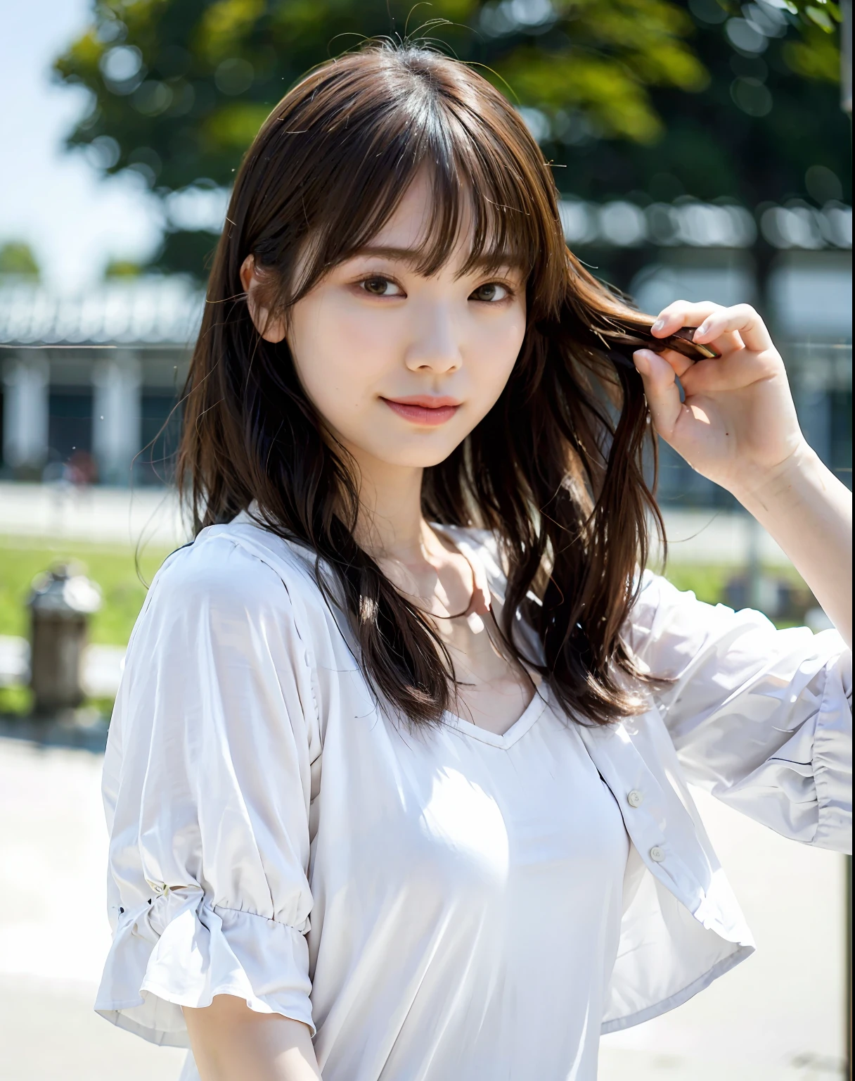 bestquality, 1girl, (Hollows in the skin), (Breasts are large), (daytime), Bright, Background blur, out door, (STREET:0.6), (People, crowds:1), (wavey hair:1.5), Luxury、(Hair float:1.5)、(Dynamic Pose:0.8)、soft light、Wind、garden、wet white shirt、Small and beautiful hard accumulations