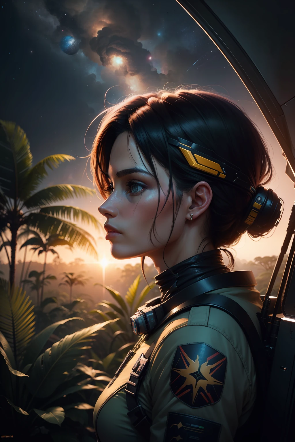 a vibrant cinematic photo of a female adventure in the jungle,octane rendar, high quality star sailor woman hyperdetailed space transport, dark forbidding planet system 24k photorealistic