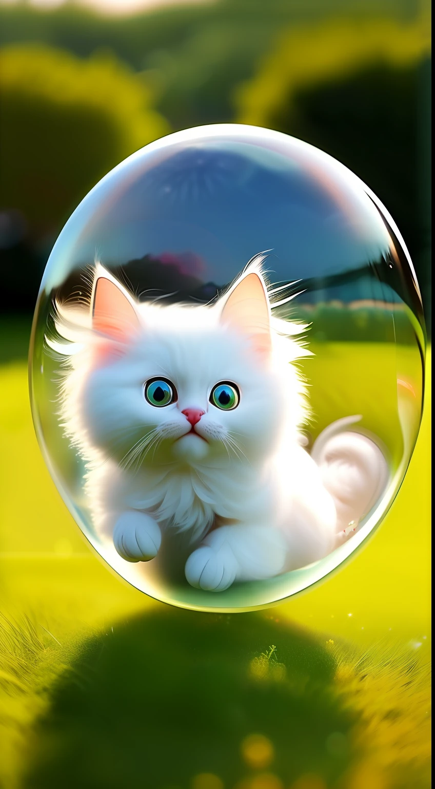 A picture of a white-haired kitten with big eyes in a field inside a huge bubble, shaggy，fluffly，encapsulation