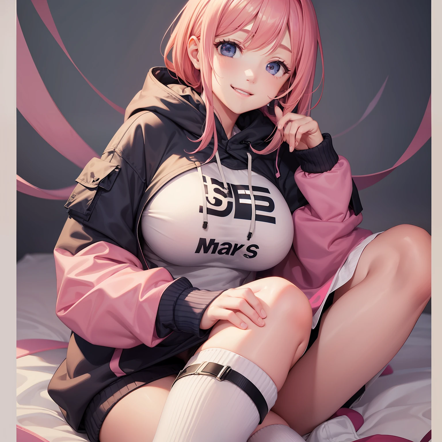 Long　Hoodie and down jacket　girl with　a blond　a smile　top-quality　Pink hair　超A high resolution　huge tit　Loose Socks