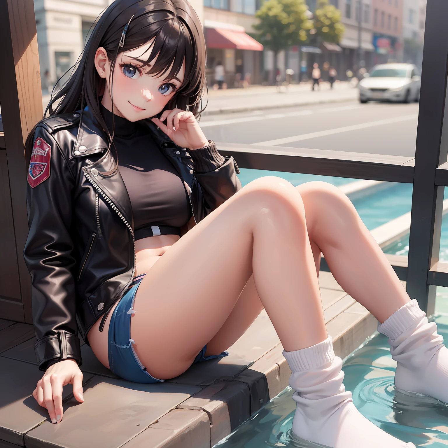 leather jackets swim wears Loose Socks 15Year old girl a smile top-quality masterpiece 超A high resolution beautiful a girl Beautie Long