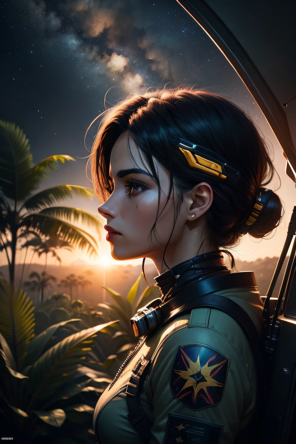 a vibrant cinematic photo of a female adventure in the jungle,octane rendar, high quality star sailor woman hyperdetailed space transport, dark forbidding planet system 24k photorealistic