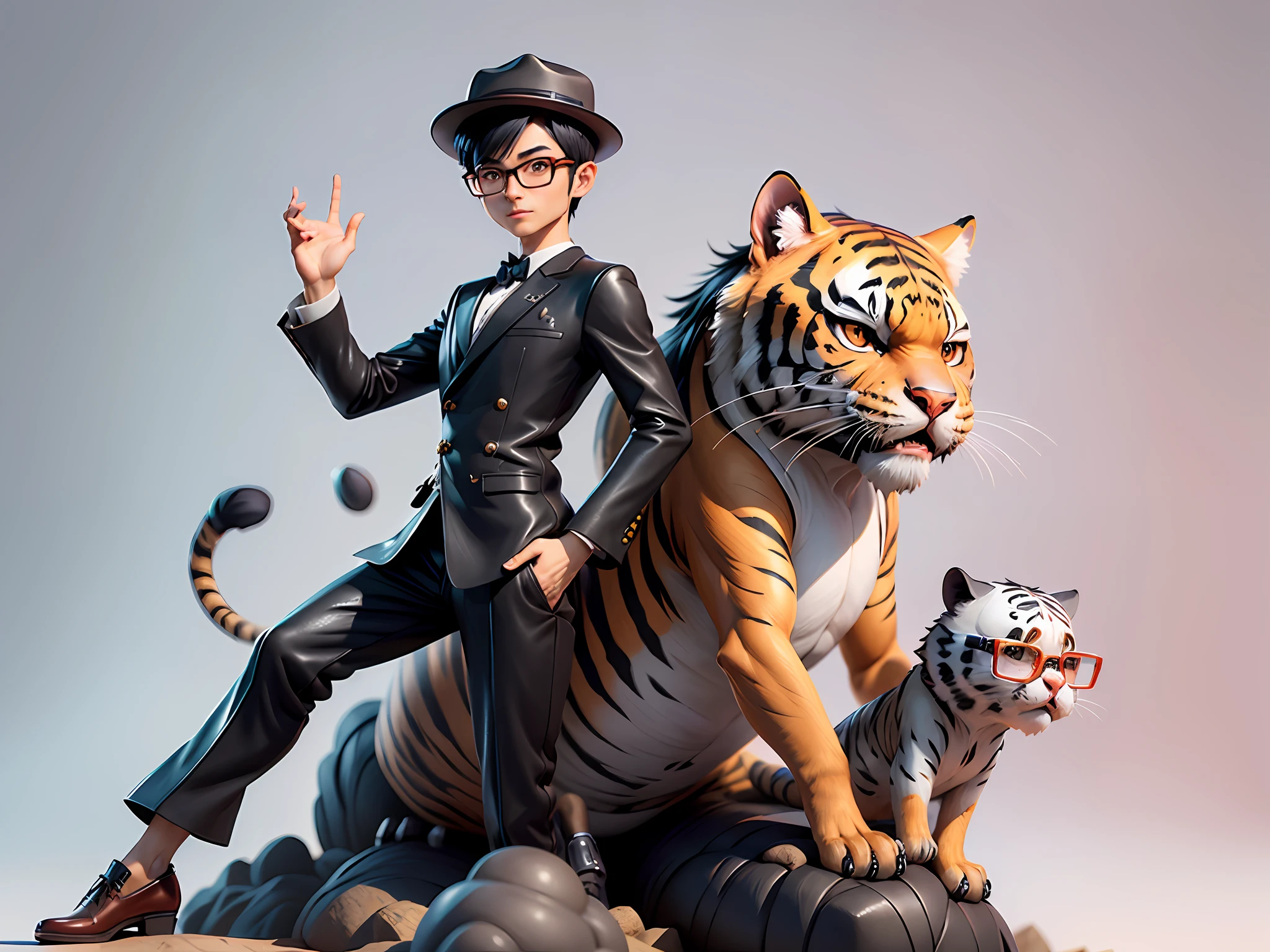 Young man with oriental face in leather hat, tiger, oriental face in formal suit, short black hair, silver glasses, digital painting, 3D character design by Mark Clairedon and Pixar and Hayao Miyazaki and Akira Toriyama, the illustration is a high-definition illustration in 4K resolution with very detailed facial features and cartoon-style visuals.