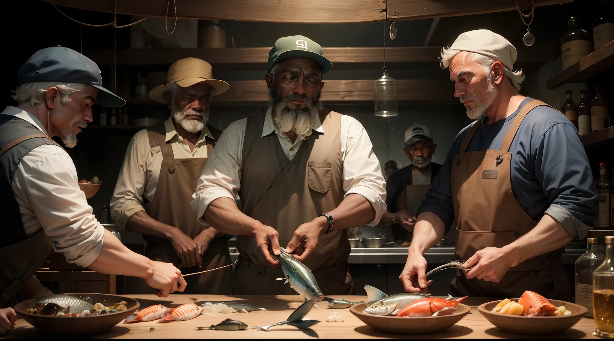 A representation of the fishermen sorting through the catch, separating the good fish from the bad.