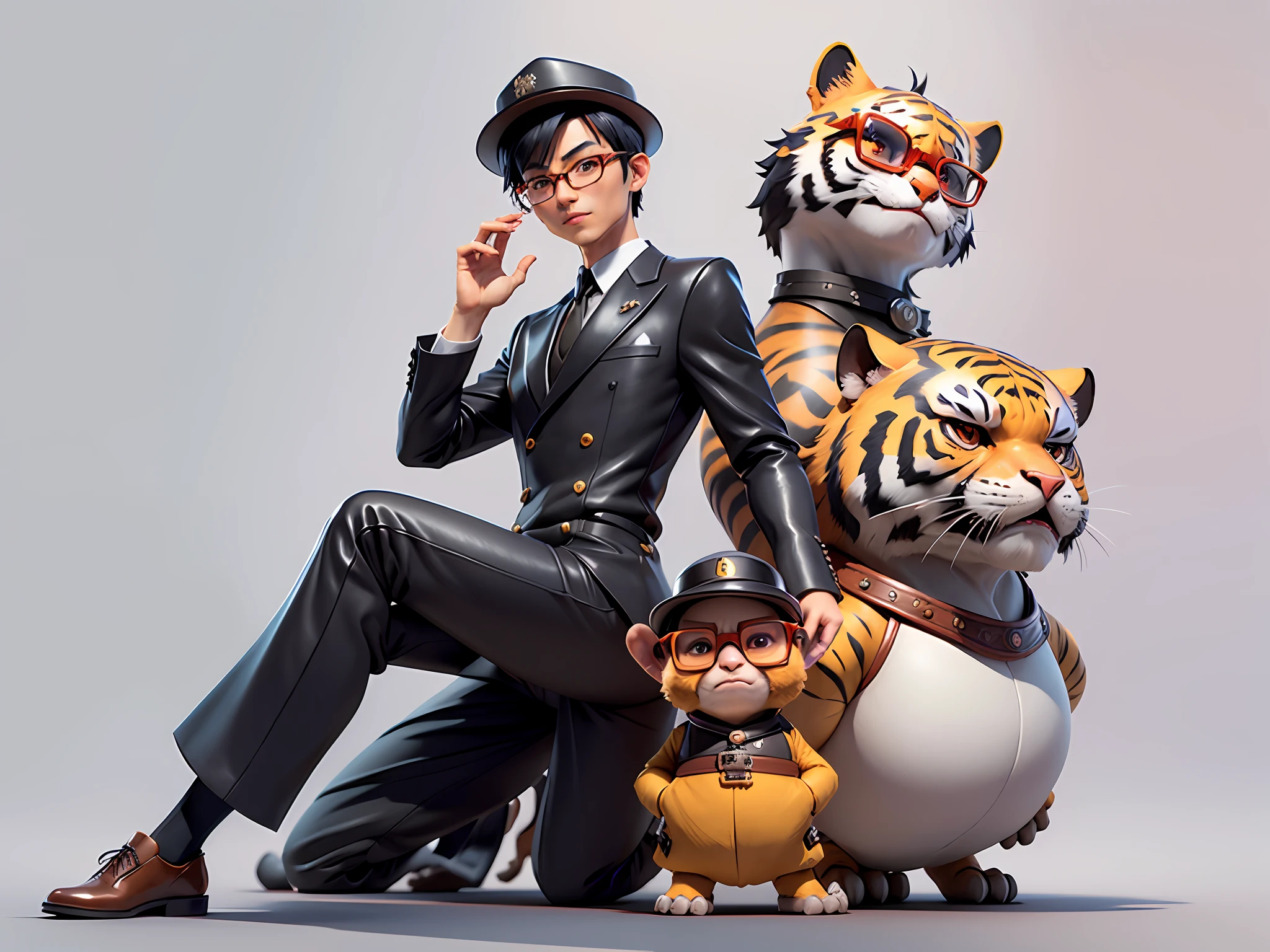 Young man with oriental face in leather hat, tiger, oriental face in formal suit, short black hair, silver glasses, digital painting, 3D character design by Mark Clairedon and Pixar and Hayao Miyazaki and Akira Toriyama, the illustration is a high-definition illustration in 4K resolution with very detailed facial features and cartoon-style visuals.