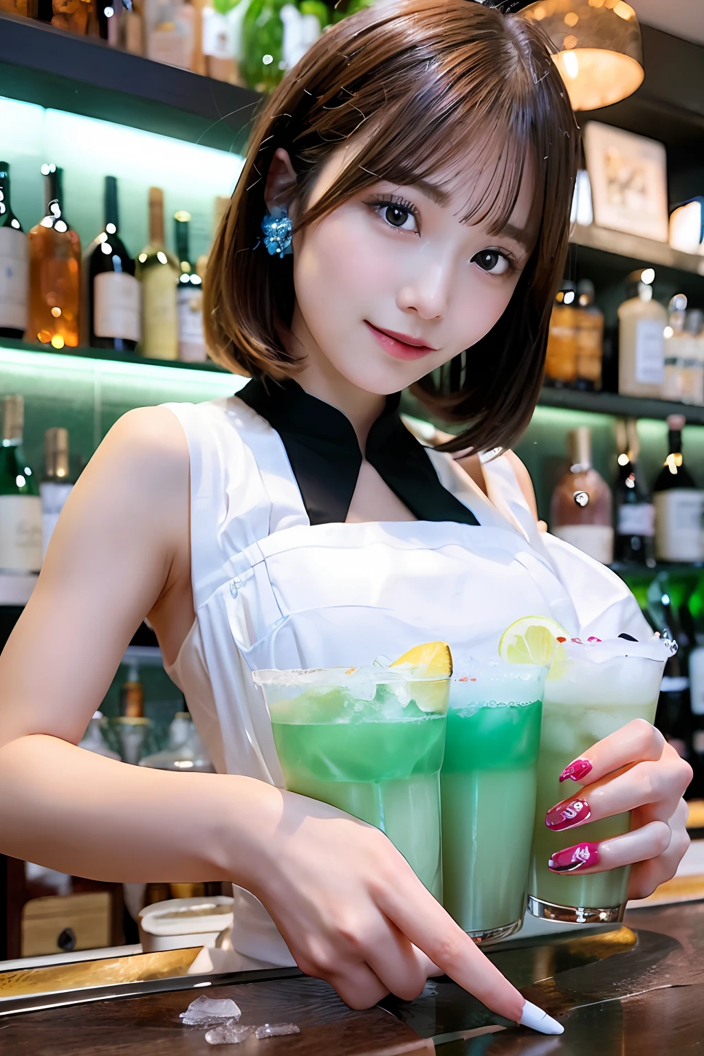 (Female bartender serving beautiful cocktails at dimly lit bar counter,),(( White and black bartender uniform,))、Japan Idol Girl、A smile、(Reddish brown straight bob cut hair、hair pin)、huge-breasted、(((Pour the ice cubes into a shiny glass container,、Enjoy a colorful blue cocktail inspired by summer,))),Beautiful fingers,Beautiful fingertips,gazing at viewer、