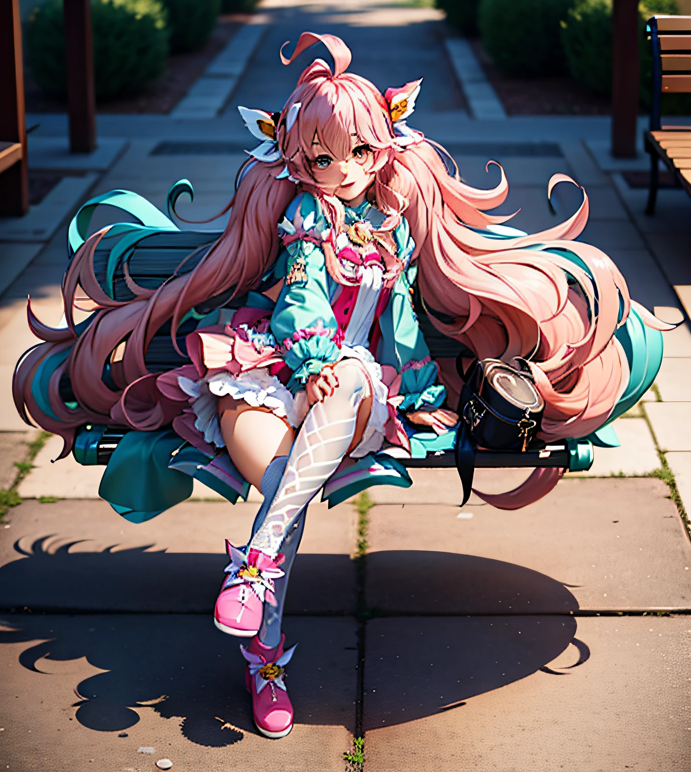One sits on a bench,Close-up of a person with pink hair, Splash art anime Loli, official character art, sparkling magical girl, shadowverse style, character art of maple story, pink twintail hair and cyan eyes, style of magical girl, anime figure, full body adoptable, Official artwork, full body commission for, nyaruko-san