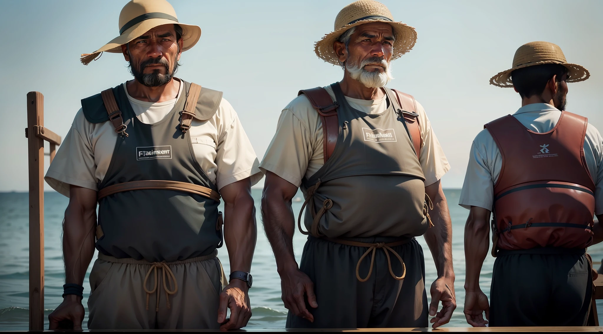 A close-up of the fishermen's expressions, showing their diligence and determination.