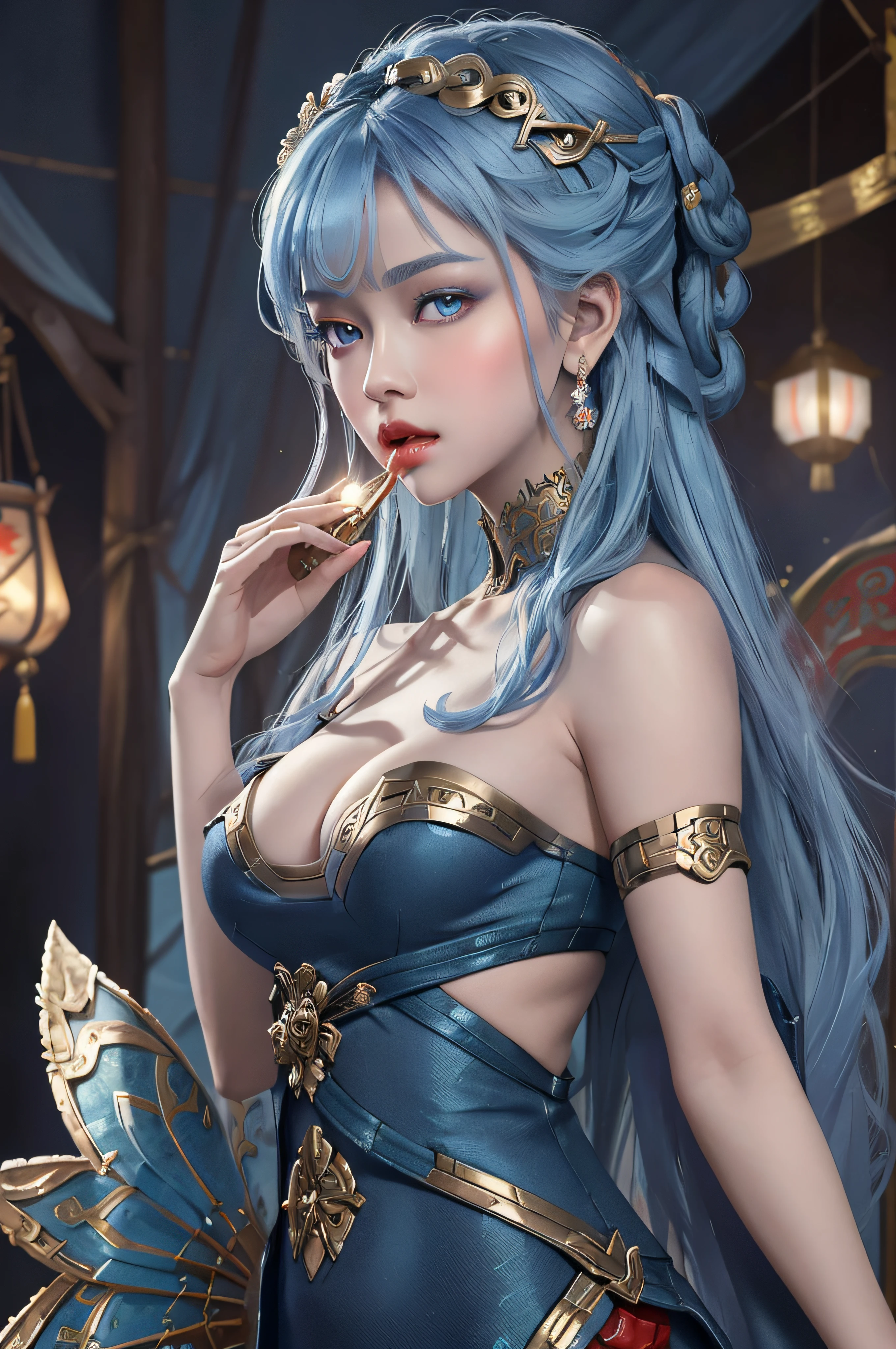 Shiny rosy skin, (glowing skin), glowing goddess,lipstick lips red, thin and beautiful lips, mouth closed, characters made by karol bak and pino daeni, intricate detail, detailed background, extremely detailed, light magic, a woman, clear face,beautiful face in detail and well-proportioned eyes, (transparent blue eyes: 1.8), big round eyes and very beautiful and detailed makeup, foresight, Realistic and vivid photo, highres, sharp focus, pixiv masterpiece, ((intricate details)), highly detailed, upper body,((big breasts)),((big breasts)), 1girl, solo, long hair, looking at viewer, hair ornament, dress, holding, bare shoulders, closed mouth, blue hair, yellow eyes, braid, artist name, covered navel, blue dress, chinese clothes, china dress, hand fan, folding fan, light blue hair, holding fan, Jordyn Huitema, (masterpiece,best quality:1.5), (masterpiece,best quality:1.5), Hold the fan with the right hand, the left hand does not hold the fan, Chinese imperial palace, feudal China, wooden castle, lake, (lantern), sparkling, (masterpiece,best quality:1.5), (masterpiece,best quality:1.5),fiction art, RAW photo, hanfu picture, best photo, best photo quality, 8k quality, 8k ultra, super realistic, real photo most economical, the goddess poses sexy and seductive,