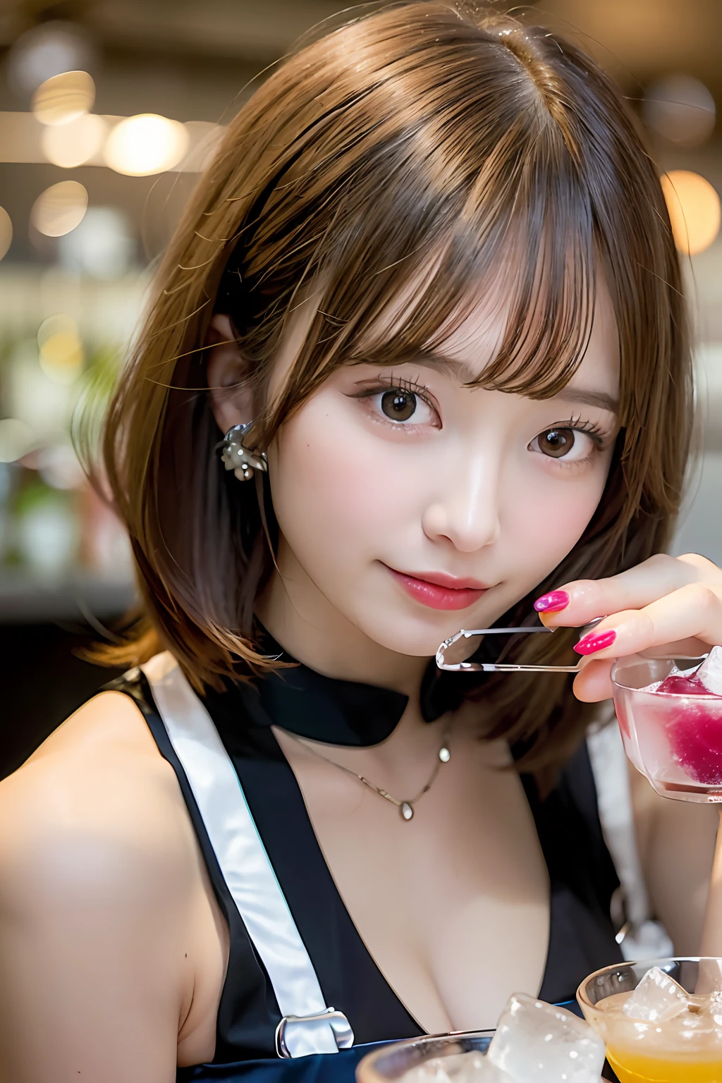 (Female bartender serving beautiful cocktails at dimly lit bar counter,),(( White and black bartender uniform,))、Japan Idol Girl、A smile、(Reddish brown straight bob cut hair、hair pin)、huge-breasted、(((Pour the ice cubes into a shiny glass container,、Enjoy a colorful blue cocktail inspired by summer,))),Beautiful fingers,Beautiful fingertips,gazing at viewer、