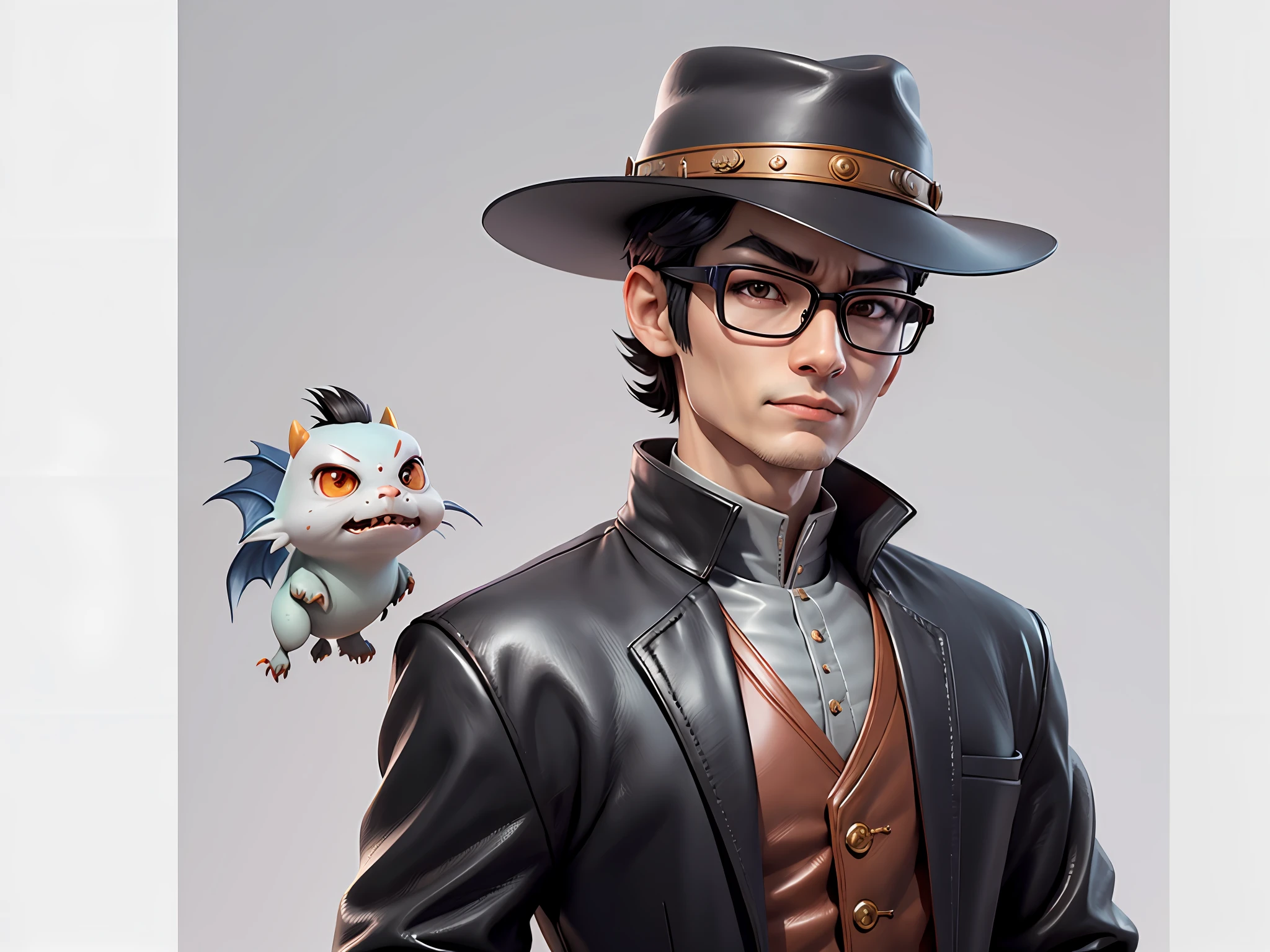 Young man with oriental face in leather hat, dragon, formal suit, short black hair, silver glasses, digital painting, 3D character design by Mark Clairedon and Pixar and Hayao Miyazaki and Akira Toriyama, the illustration is a high-definition illustration in 4K resolution with very detailed facial features and cartoon-style visuals.