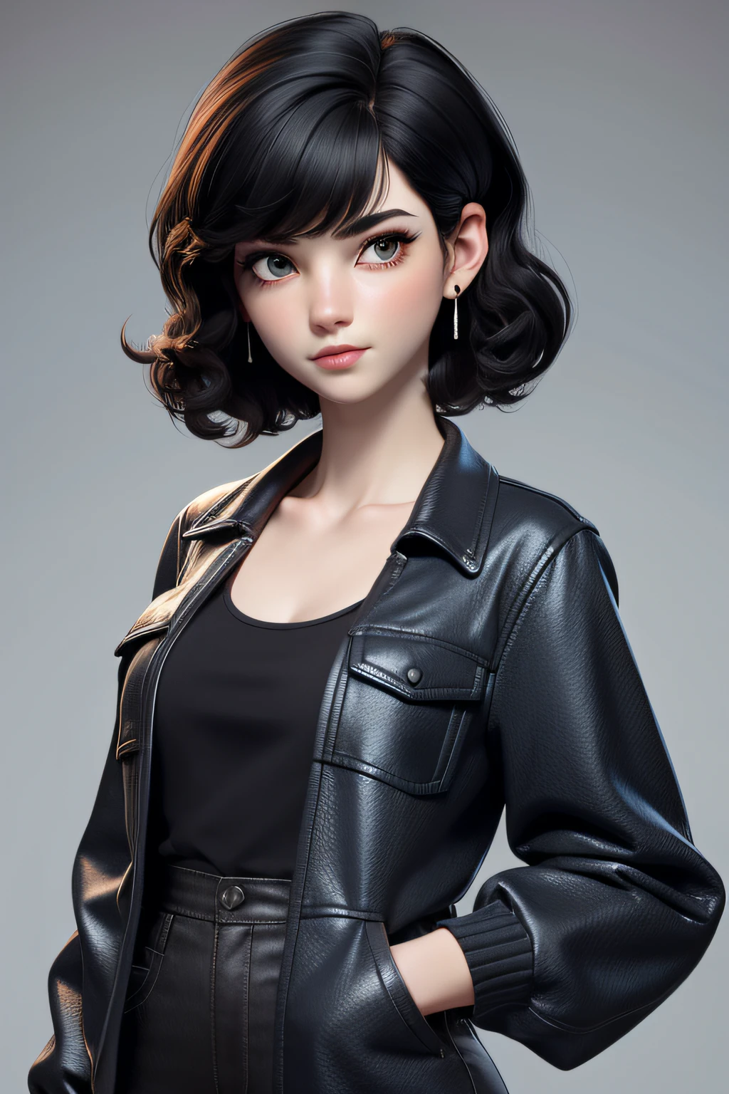 masterpiece, best quality, 1girl, black eyes, pale skin, dark black hair, wavy hair, short hair, bangs over the eye, earrings, long blue Jacket, white tank top, black pants, simple background, solo, upper body