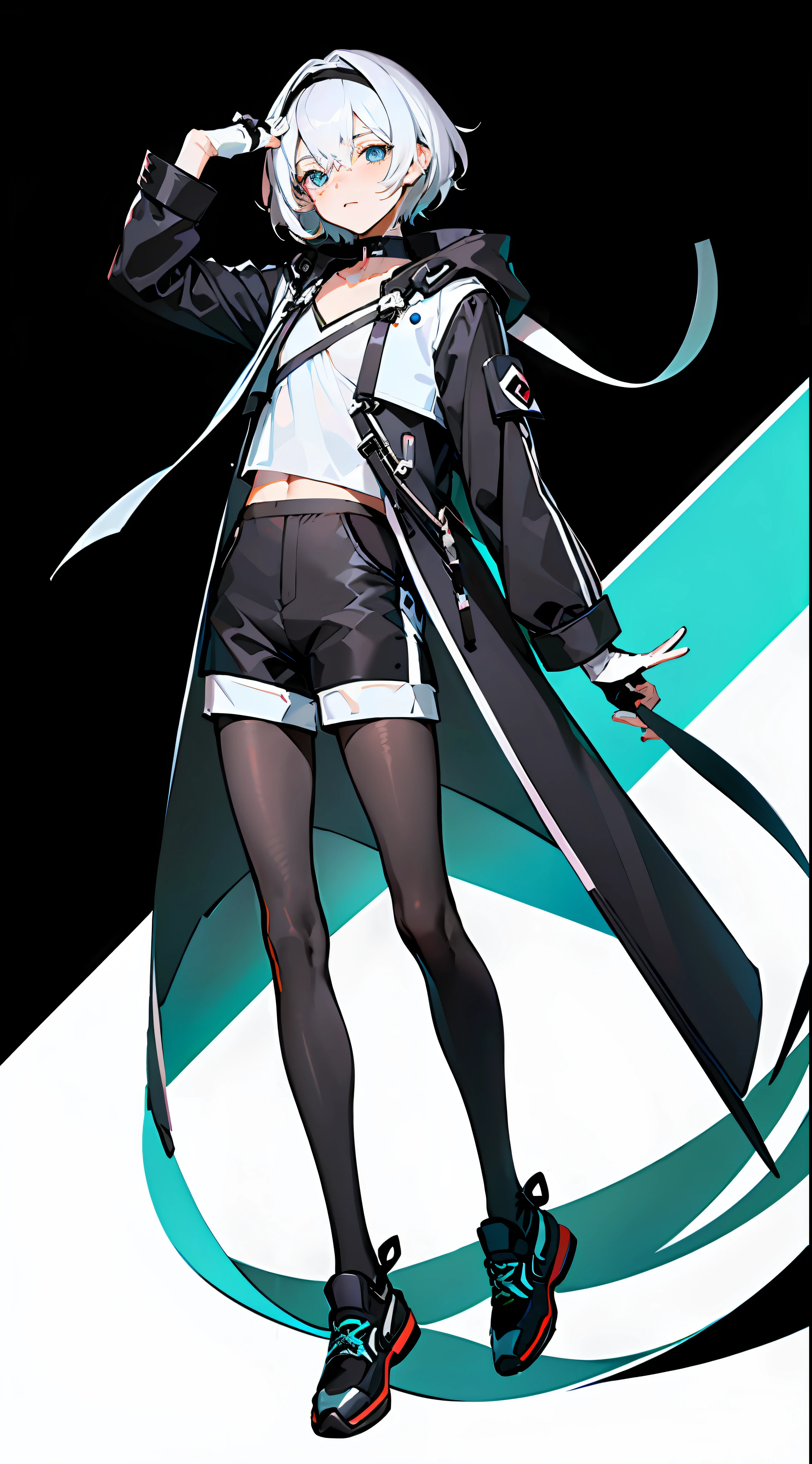 Masterpiece, Best quality, Solo,Boy, Pantyhose, White hair,Short hair, (White shirt:1.4),(Black shorts:1.5), blackfootwear, full bodyesbian, Black thigh pantyhose, shirt, Shorts, Coat, Open coat, view the viewer, Hood, Sneakers, Open clothes, Black coat, (Flat chest:1.7), No breasts,Long sleeves, bangs, Fingerless gloves, Short hair, hair between eye,Black background