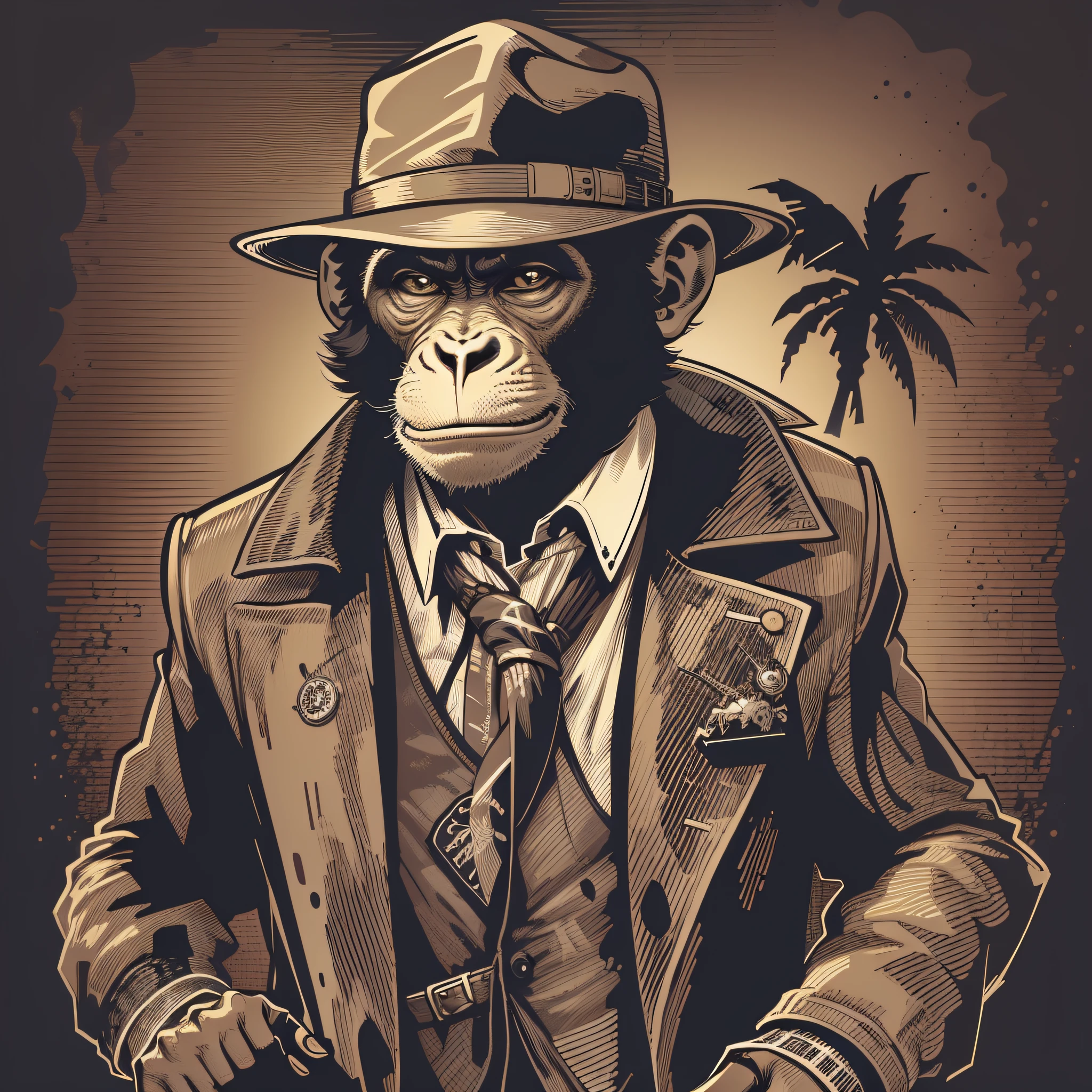 vector art of monkey dressed in gangster style with a gun, 50s style clothing, hat, popular image, retro realistic cartoon style, t-shirt print style image