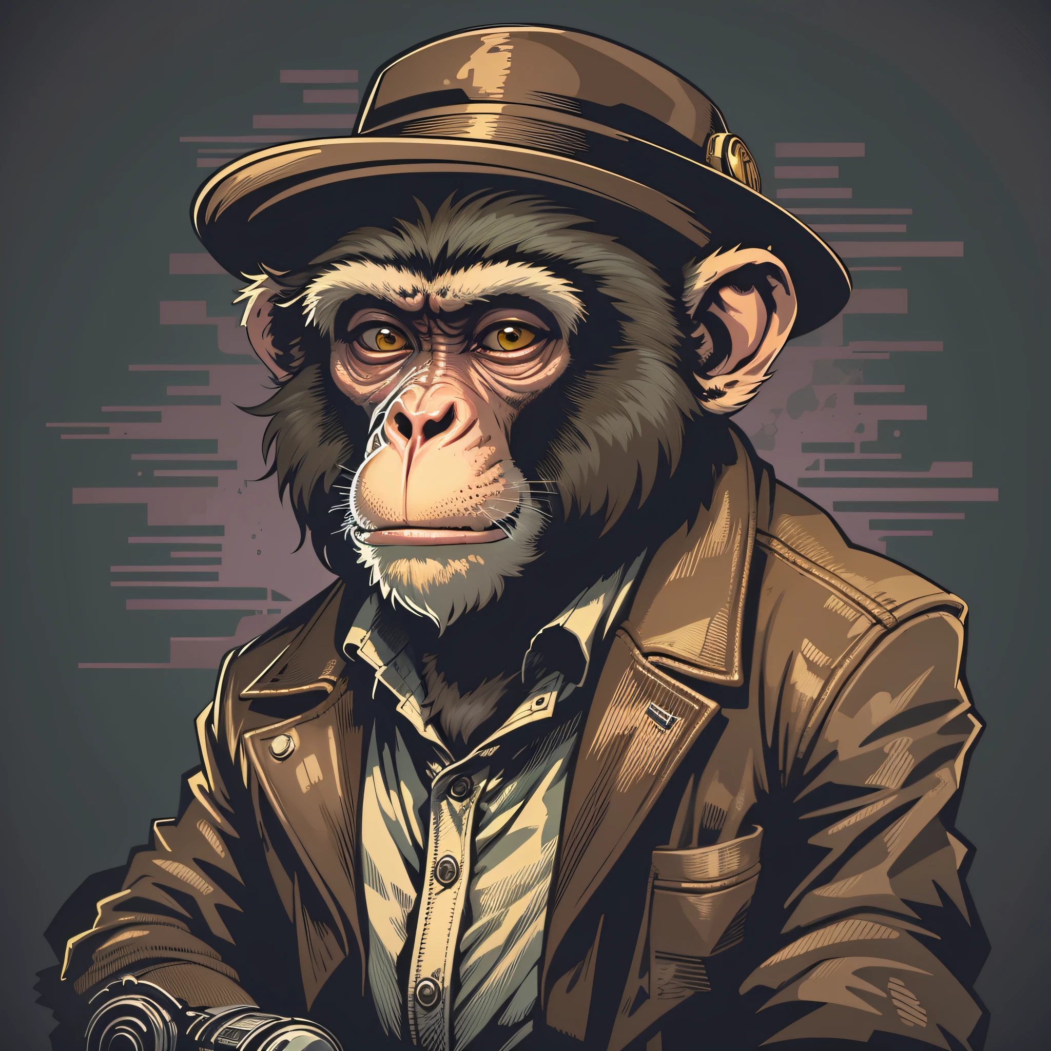 vector art of monkey dressed in gangster style with a gun, 50s style clothing, hat, popular image, retro realistic cartoon style, t-shirt print style image