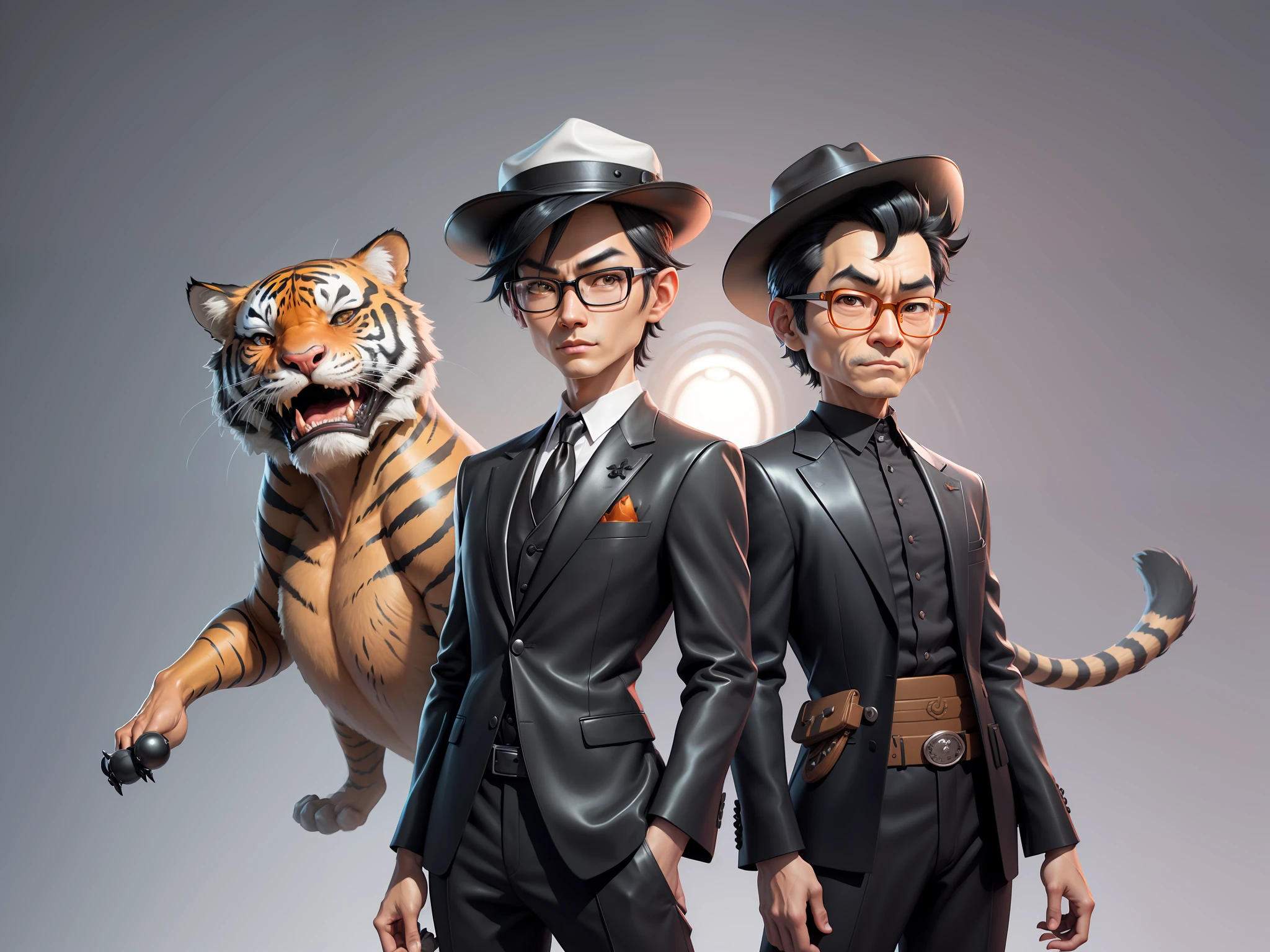 Young man with oriental face in leather hat, tiger, oriental face in formal suit, short black hair, silver glasses, digital painting, 3D character design by Mark Clairedon and Pixar and Hayao Miyazaki and Akira Toriyama, the illustration is a high-definition illustration in 4K resolution with very detailed facial features and cartoon-style visuals.