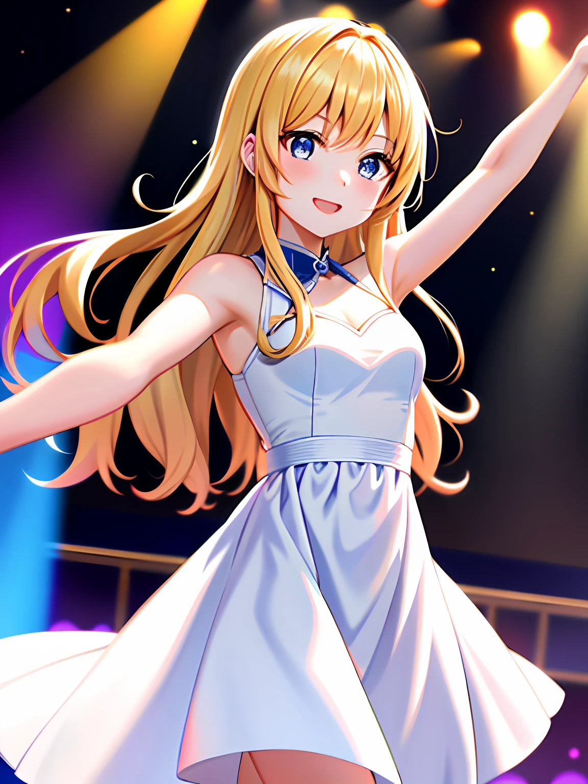 Anime of girls dancing in white dresses, stage,dyna，having fun，cheerfulness， Fault art, color difference, No one knows the future