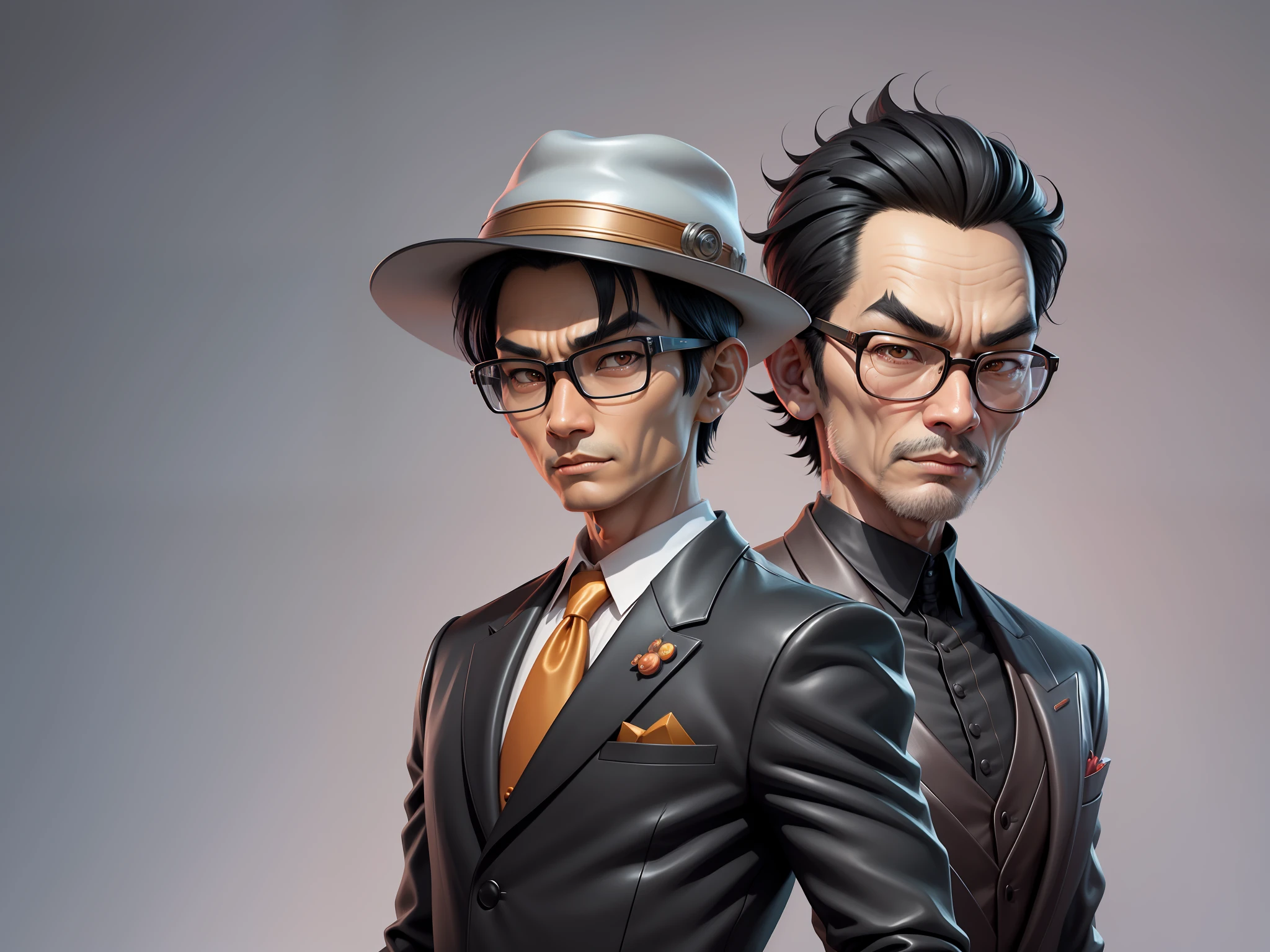 Young man with oriental face in leather hat, tiger, oriental face in formal suit, short black hair, silver glasses, digital painting, 3D character design by Mark Clairedon and Pixar and Hayao Miyazaki and Akira Toriyama, the illustration is a high-definition illustration in 4K resolution with very detailed facial features and cartoon-style visuals.