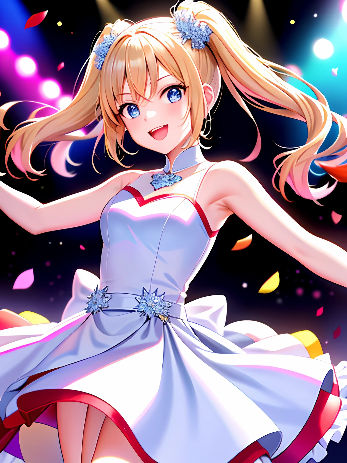 Anime of girls dancing in white dresses, stage,dyna，having fun，cheerfulness， Fault art, color difference, No one knows the future