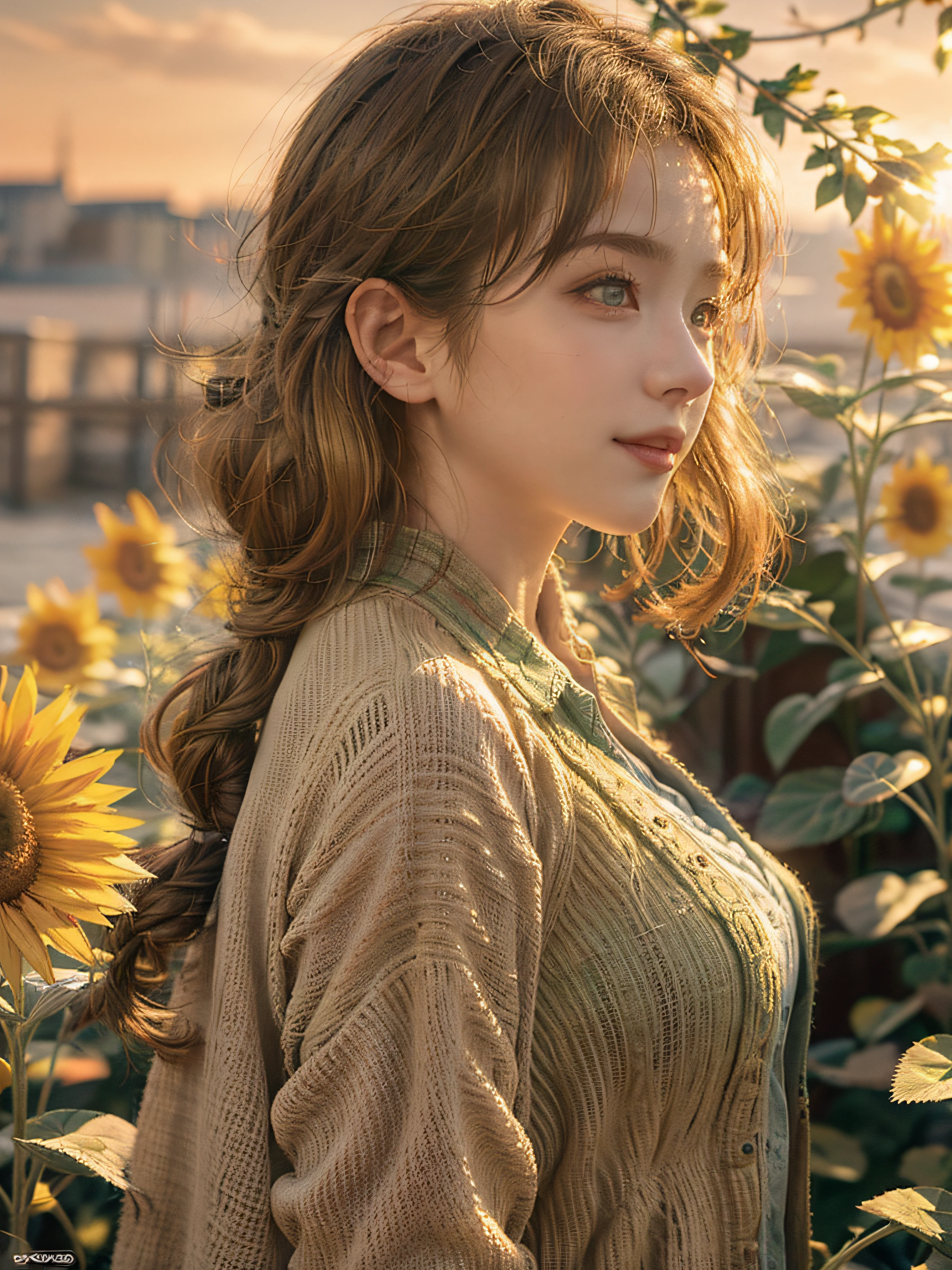 Side view, a girl in a vast sunflower plantation, wearing a green blous and a thin cardigan, looks cheerful and happy, at sunset, there is a golden sunlight penetrating from between her hair floating in the wind. (Masterpiece,realistic,best quality):1.4, delicate photo, intricate detailed, ray tracing, hi-res CG, ultra detailed, 8k wallpaper, unity, artstation, dslr, hi-res photography, best shadow, cinematic light