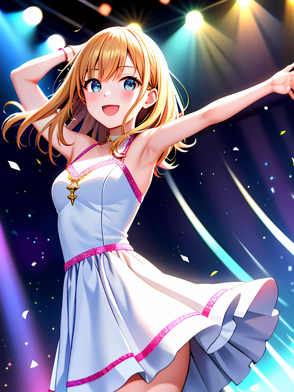 Anime of girls dancing in white dresses, stage,dyna，having fun，cheerfulness， Fault art, color difference, No one knows the future