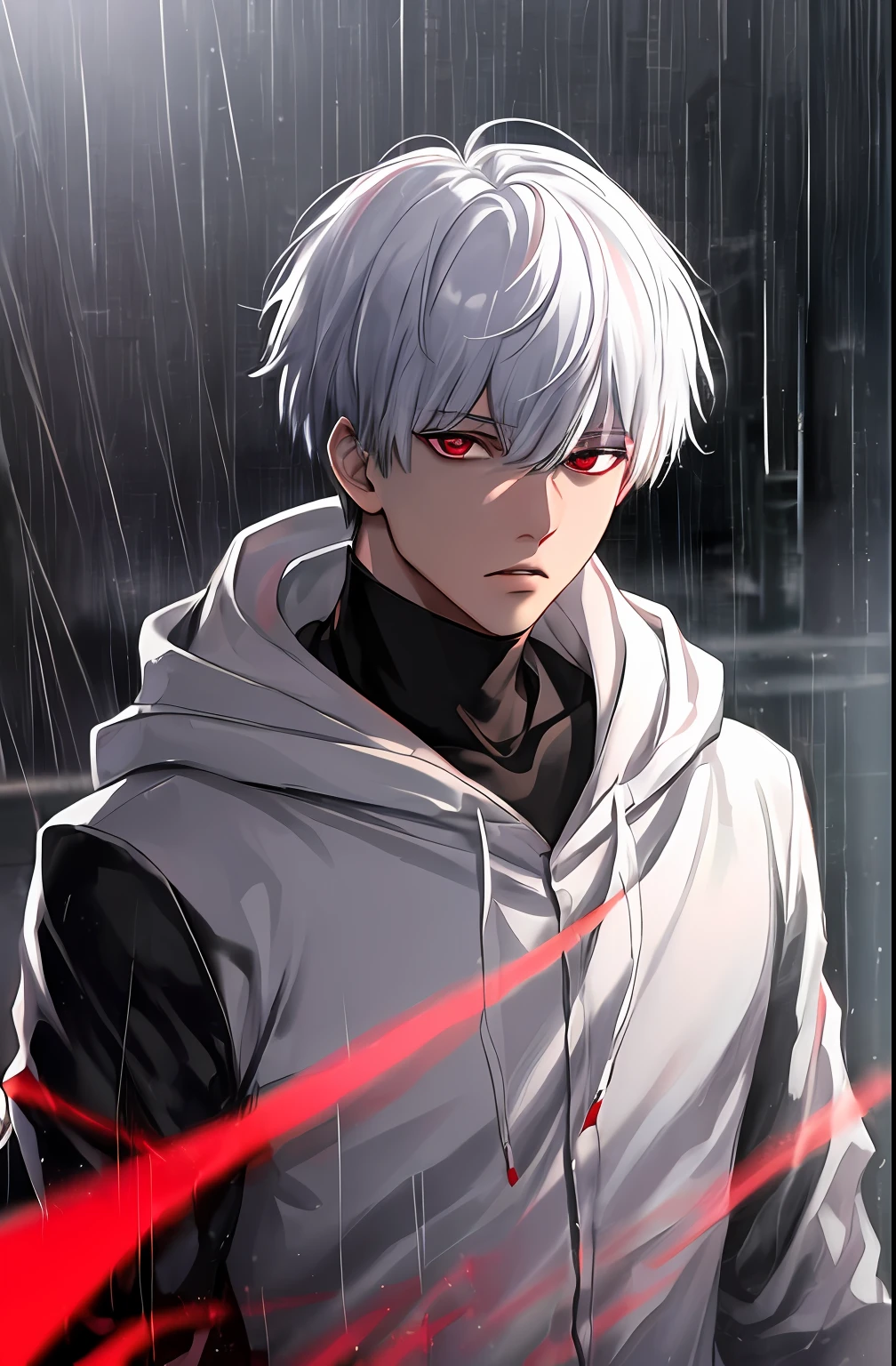 kk, best quality, more details, masterpiece, 1boy, kaneki ken, portrait, male focus, red eyes, solo, bangs, looking at viewer, hood, short hair, rain, tokyo tokyo \(city\), hood up, nail polish, white hair, luxurious, 8k, detailed, ray tracing, depth of field, cinematic lighting,
