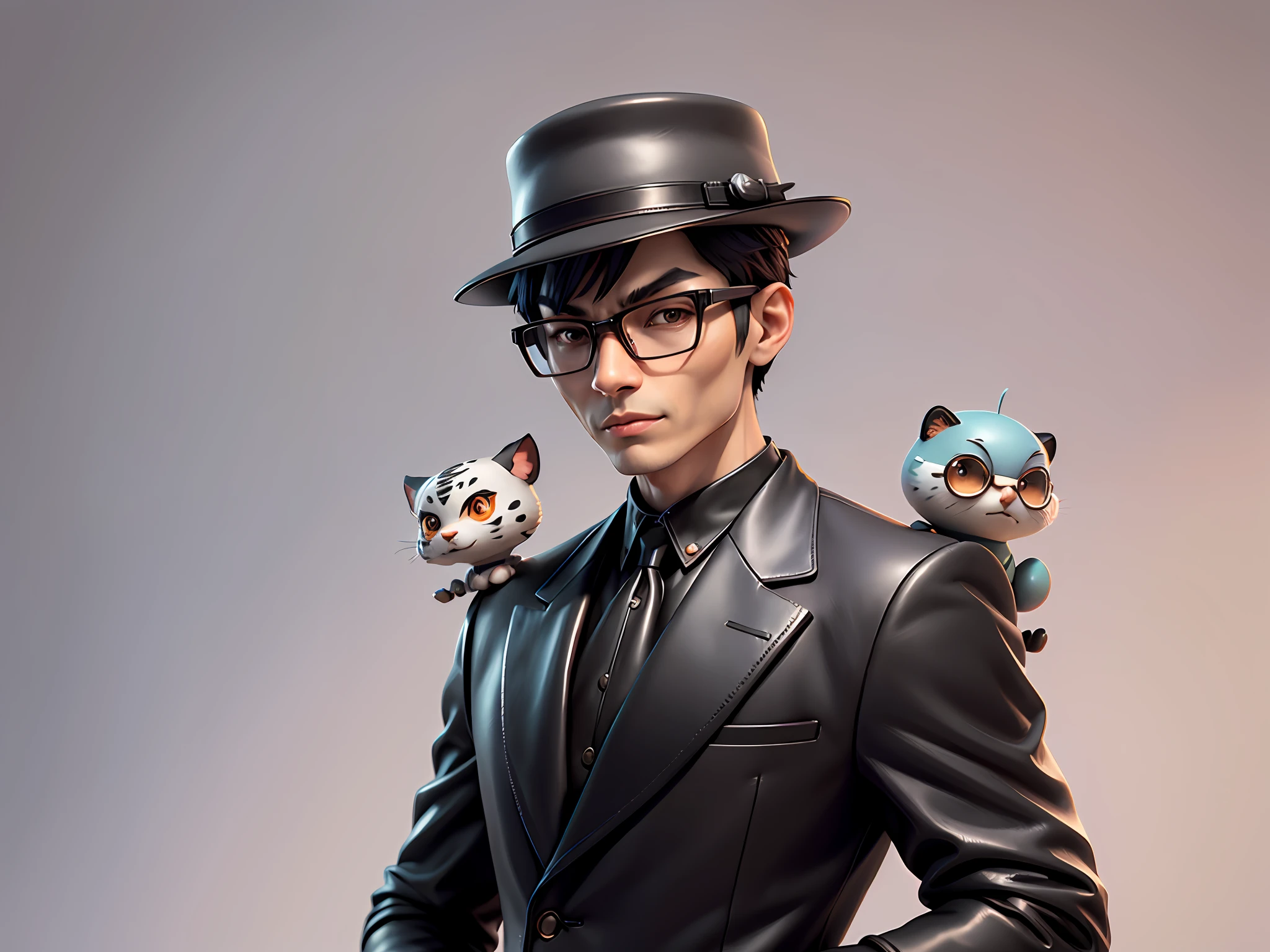 Young man with oriental face in leather hat, tiger, oriental face in formal suit, short black hair, silver glasses, digital painting, 3D character design by Mark Clairedon and Pixar and Hayao Miyazaki and Akira Toriyama, the illustration is a high-definition illustration in 4K resolution with very detailed facial features and cartoon-style visuals.