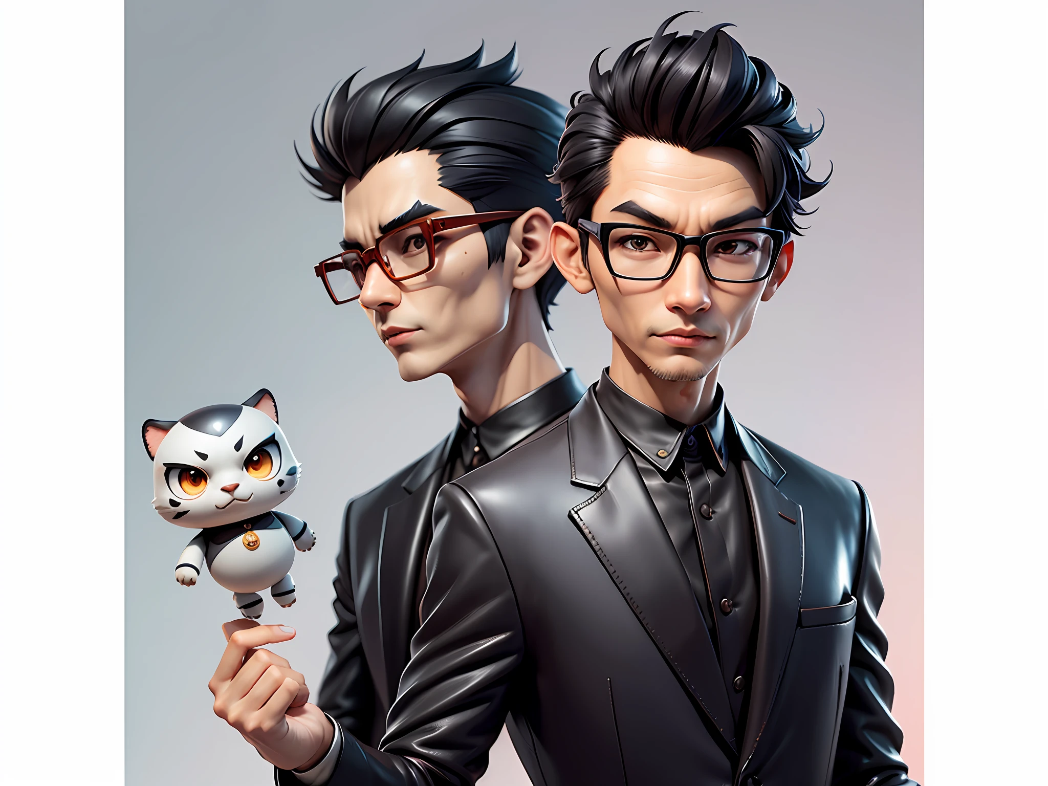 Young man with oriental face in leather hat, tiger, oriental face in formal suit, short black hair, silver glasses, digital painting, 3D character design by Mark Clairedon and Pixar and Hayao Miyazaki and Akira Toriyama, the illustration is a high-definition illustration in 4K resolution with very detailed facial features and cartoon-style visuals.