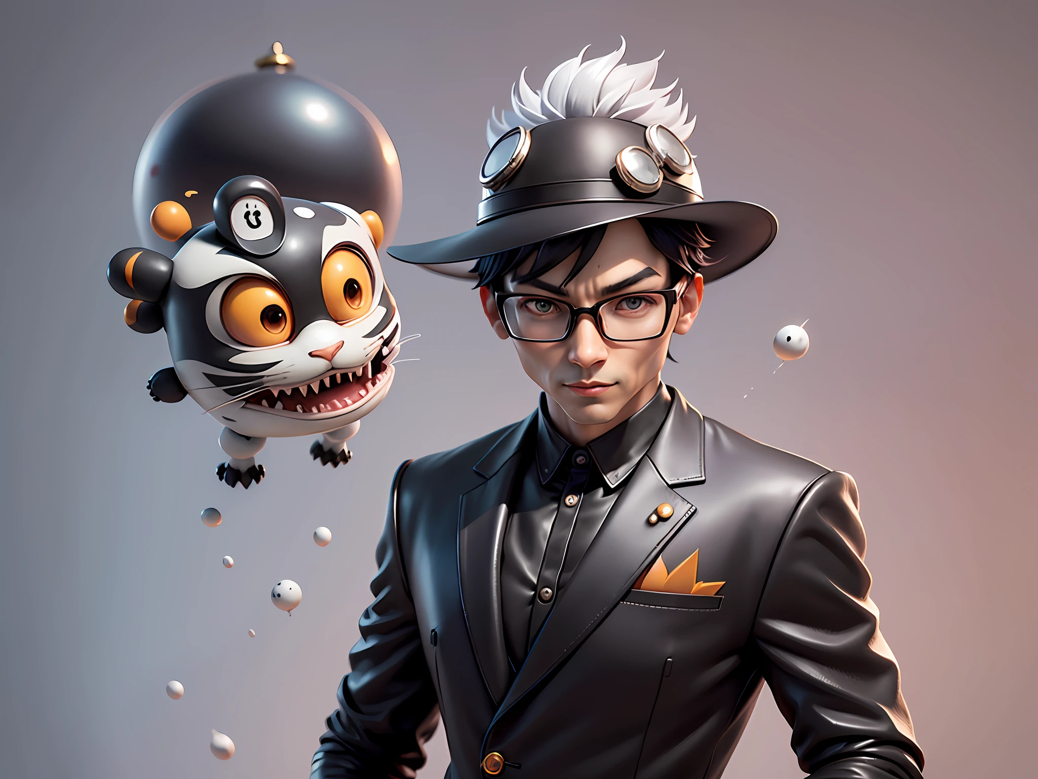 Young man with oriental face in leather hat, tiger, oriental face in formal suit, short black hair, silver glasses, digital painting, 3D character design by Mark Clairedon and Pixar and Hayao Miyazaki and Akira Toriyama, the illustration is a high-definition illustration in 4K resolution with very detailed facial features and cartoon-style visuals.