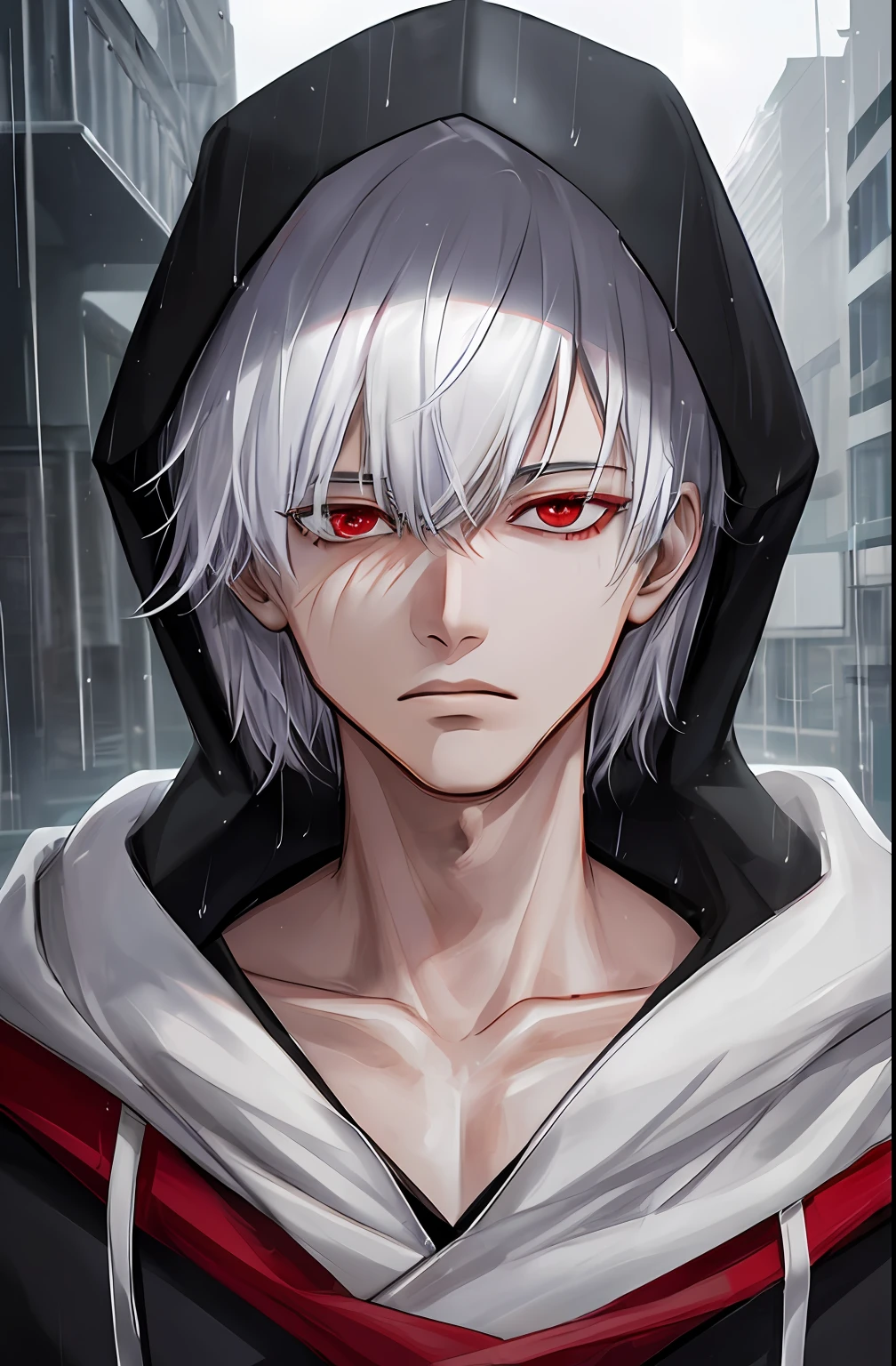 kk, best quality, more details, masterpiece, 1boy, kaneki ken, portrait, male focus, red eyes, solo, bangs, looking at viewer, hood, short hair, rain, tokyo tokyo \(city\), hood up, nail polish, white hair, luxurious, 8k, detailed, ray tracing, depth of field, cinematic lighting,