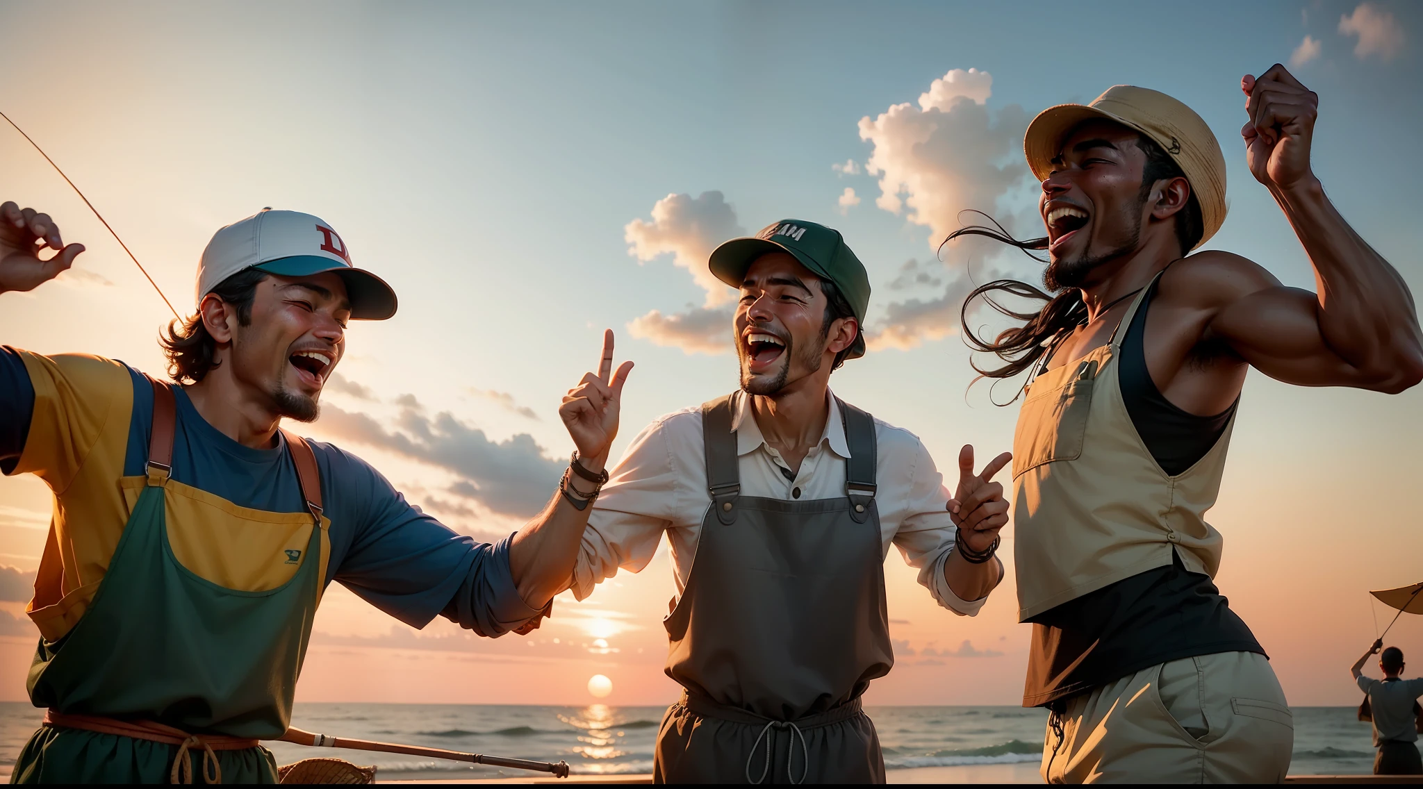 A final scene of fishermen rejoicing over the successful and bountiful catch.