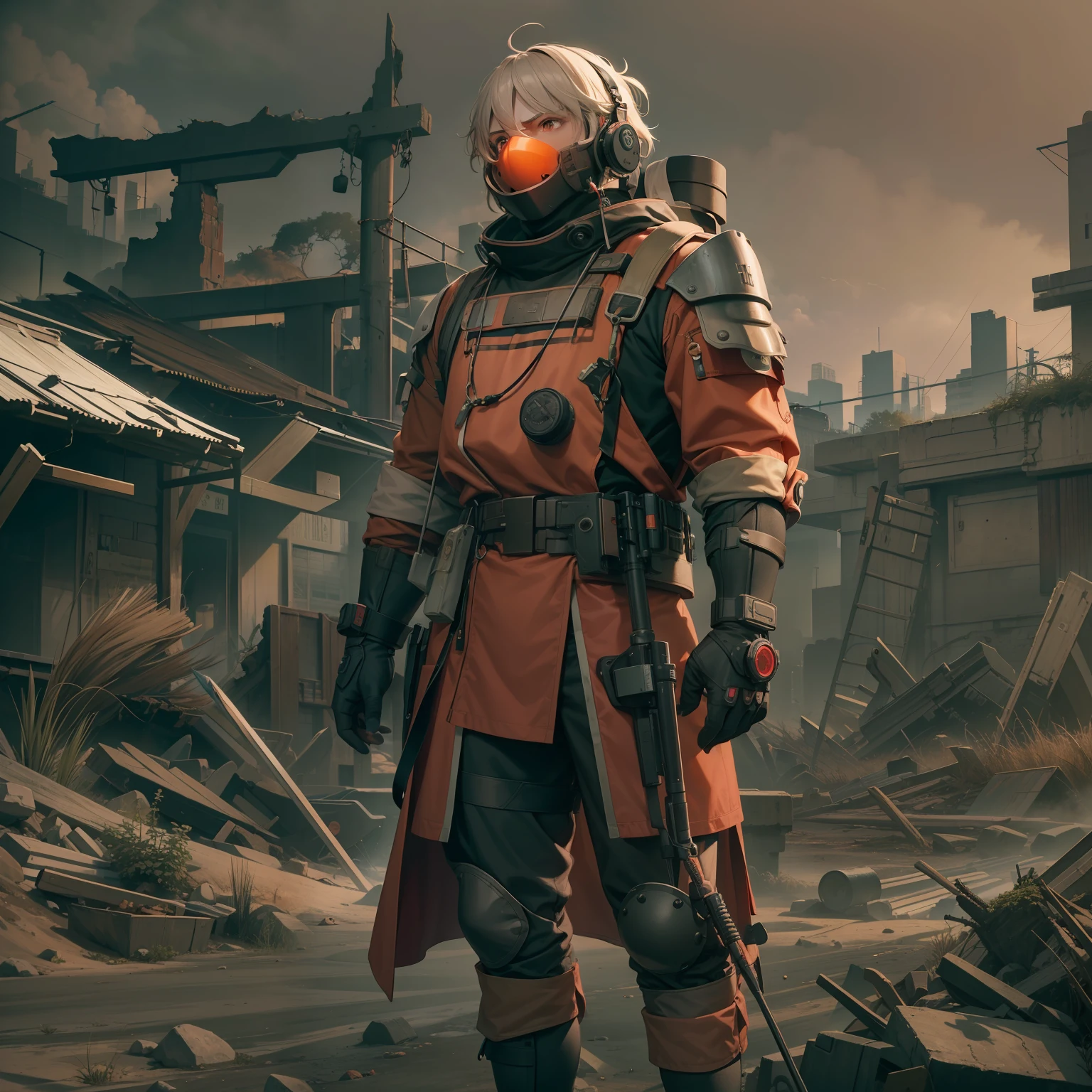 Picture a post-apocalyptic landscape in the year 2500. Amidst the ruins, stands Momotaro, a character of robust and healthy physique, his youthful face a stark contrast to the desolation around him. He's garbed in a futuristic protective suit, complete with a red hakama, and wields an energy sword, a beacon of hope against the darkness. A peach-shaped pendant, a life-preserving device, hangs around his neck. The image is dominated by tones of peach and red, symbolizing the character's identity and his resolve. The lighting is moody, creating a sense of tension and anticipation. The camera used should be a high-resolution DSLR, equipped with a telephoto lens to focus on the character and his equipment. The image should be rendered in hyper-realistic, highly detailed, and high-resolution 16k. --ar 16:9 --v 5.1 --style raw --q 2 --s 750