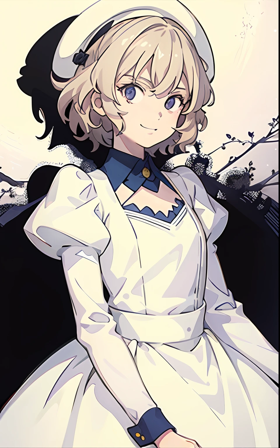 Masterpiece, Best quality, Ultra-detailed, illustration,
1girll, straight-on, Upper body, Solo, Short hair, Smile, White dress, (iwanagadress:1.2), (iwanagakotoko:0.9),beret，Flower background