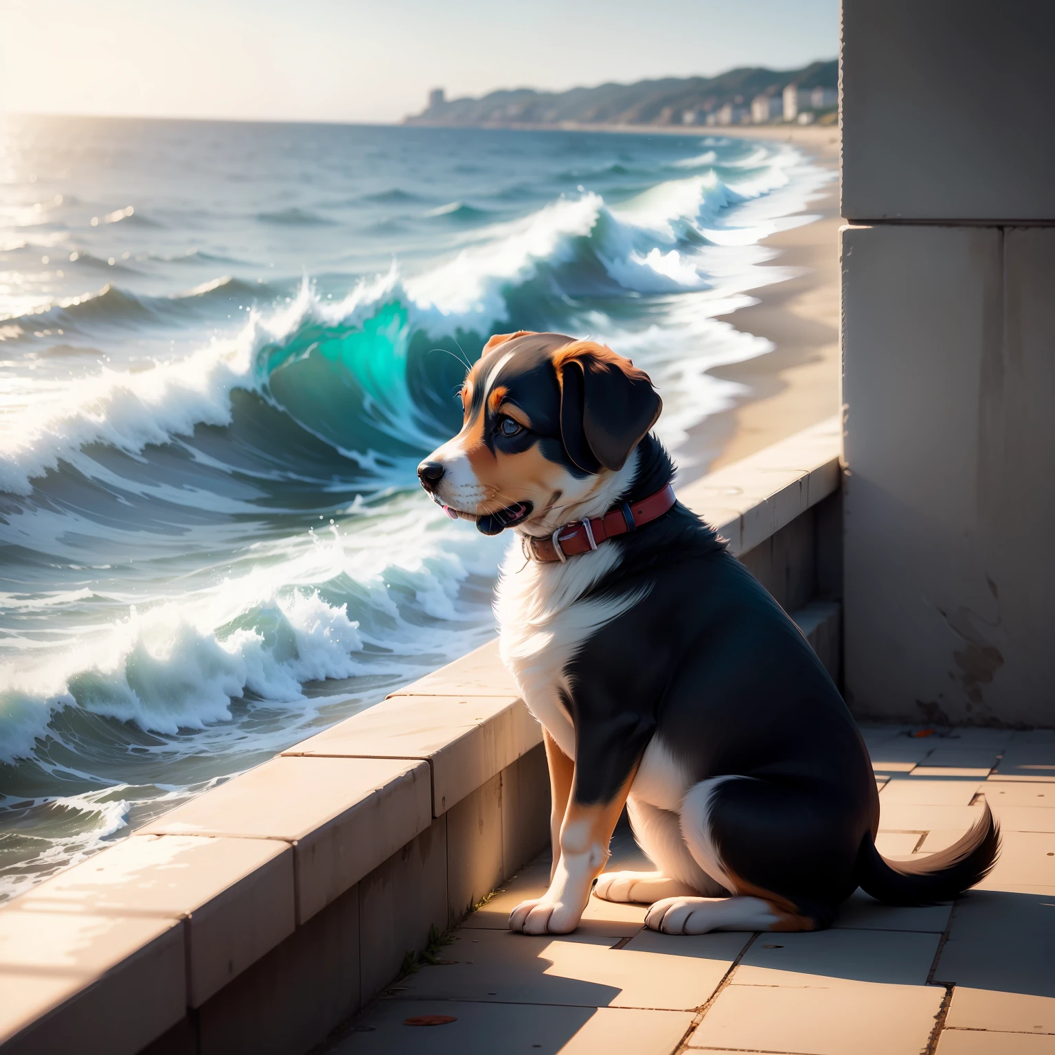 The sea is blowing the wind,With a puppy,seaview