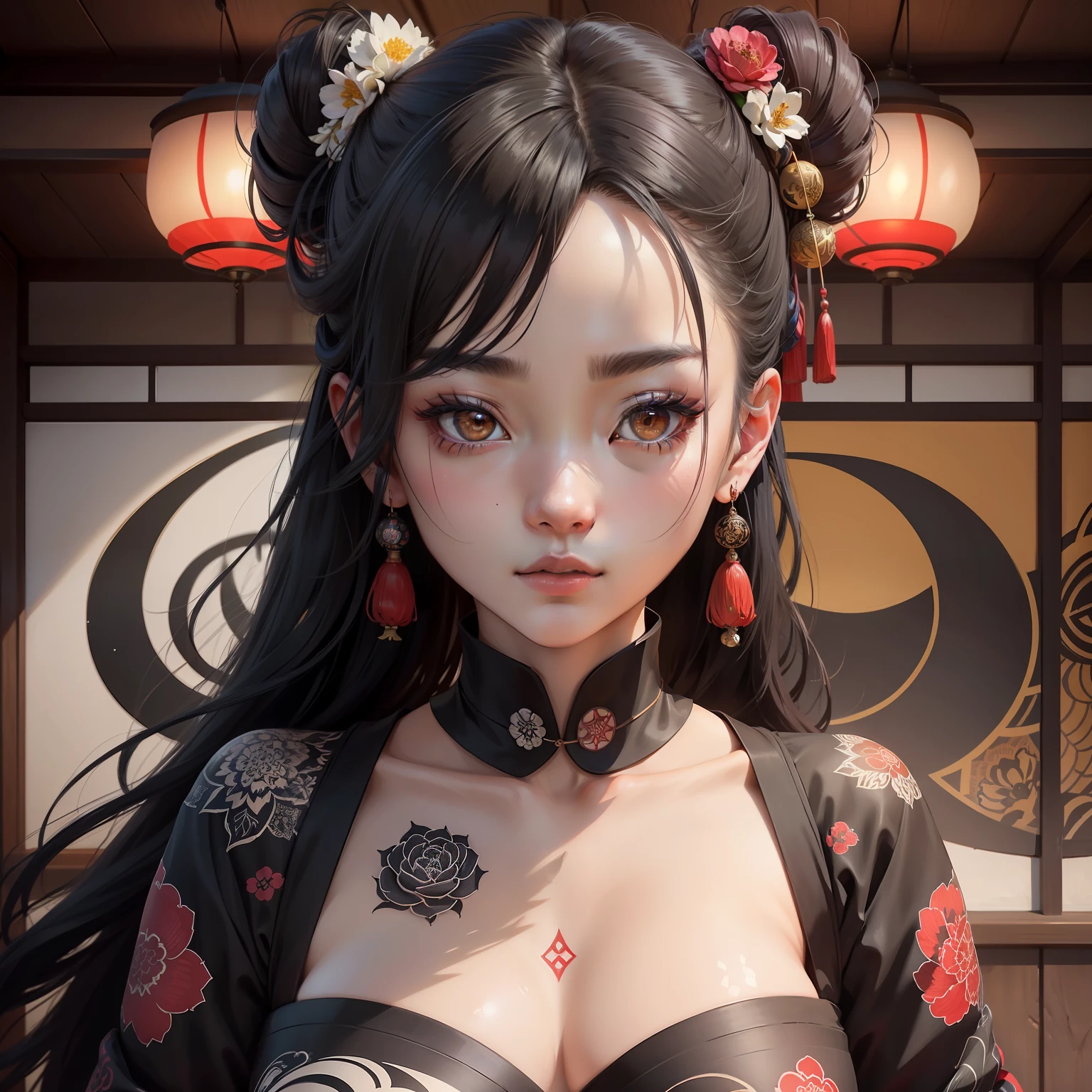 She has a traditional pattern of Japan、Establish your own style with contemporary design.。Her tattoo is、Beauty as freedom of expression、Has both beauty that flaunts cultural identity。

Her work is、Exhibited at multiple exhibitions.、Many people around the world々々々々々々々々々々々Affecting。Her work is、Those who seek modern and traditional expressions々for、It's a powerful inspiration。

Her work includes、People who like ukiyo-e works々and scenery、Although the scene is also depicted, etc.、At the same time、often、Customize these elements boldly。Her tattoo is、For the viewer、It becomes an important sign of uniqueness and identity.、It can be said to be a symbol of aesthetics that fuses art and culture。The writing is detailed and detailed.。Elements of horror。Jet Black Devil。Mature neat beauty。Close-up image。Demon of Hell。Mandala worldview。Esoteric religion。exotic。